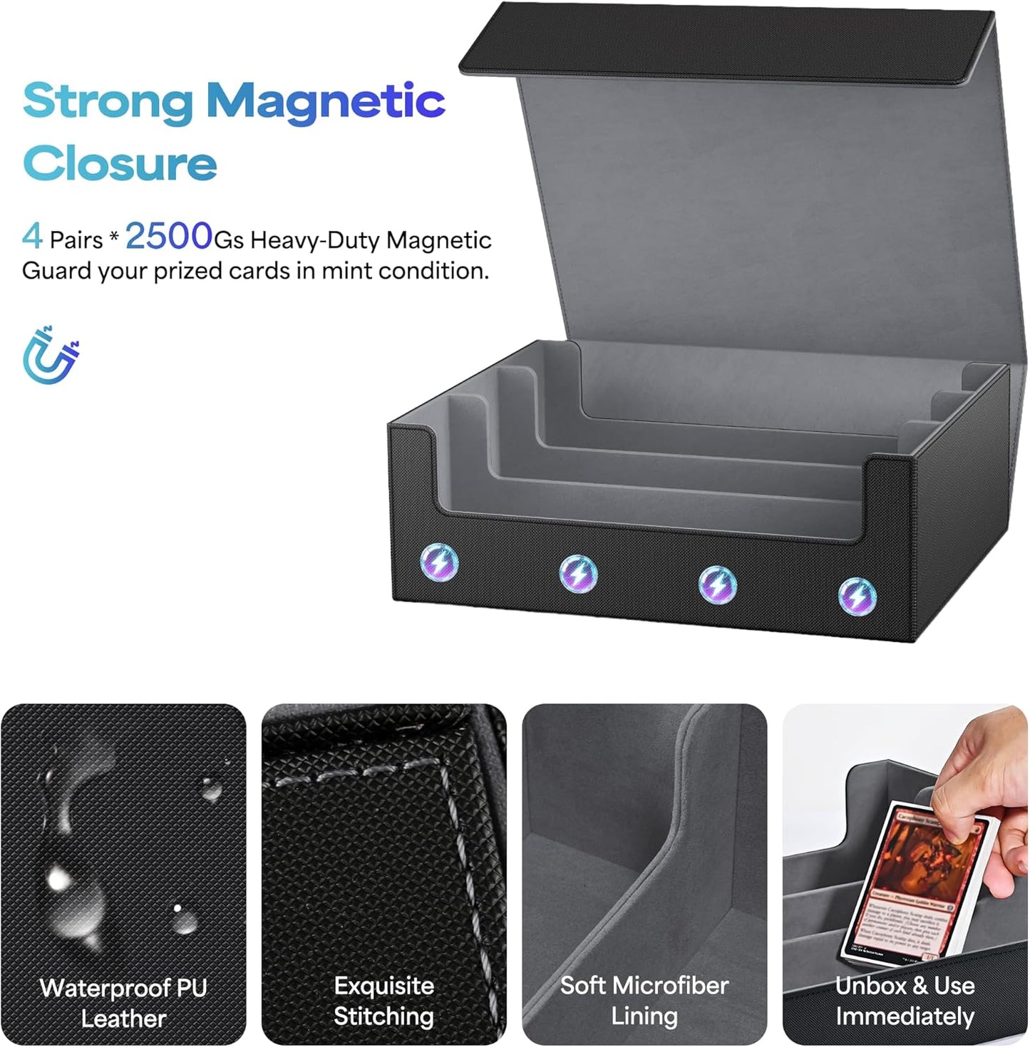 UAONO Trading Card Storage Box, Holds 1800 Sleeved Cards with 10 Dividers & 3 Stoppers, Magnetic Closure PU Leather Card Case for MTG, PTCG, YGO, Sports Cards (Black)