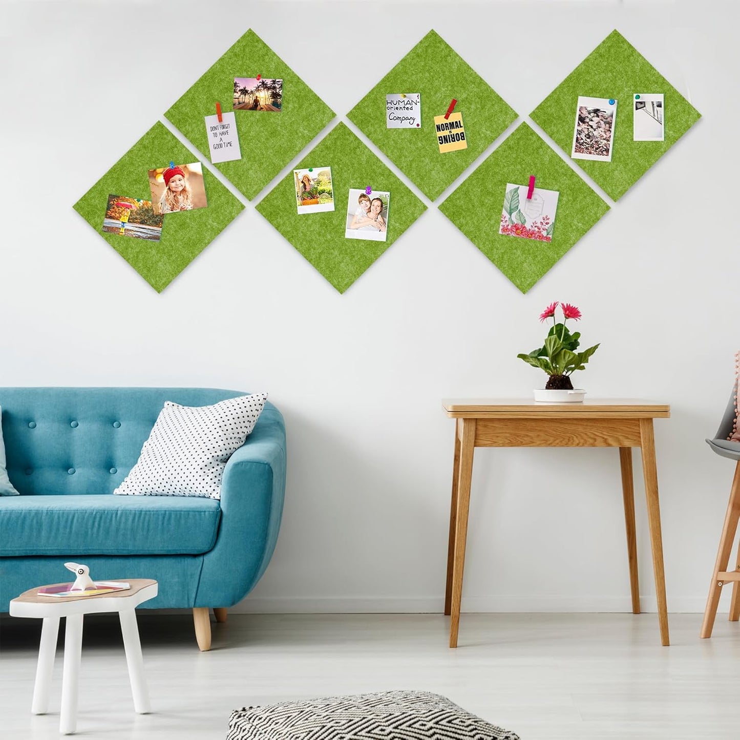 AKTOP Cork Bulletin Board 12x12, 1/2" Thick Felt Cork Board Tiles 12 Pack, Small Square Pin Board for Wall, Self Adhesive Corkboards with 120 Push Pin Wood Clips for School, Home & Office, Green - Lumora Desk