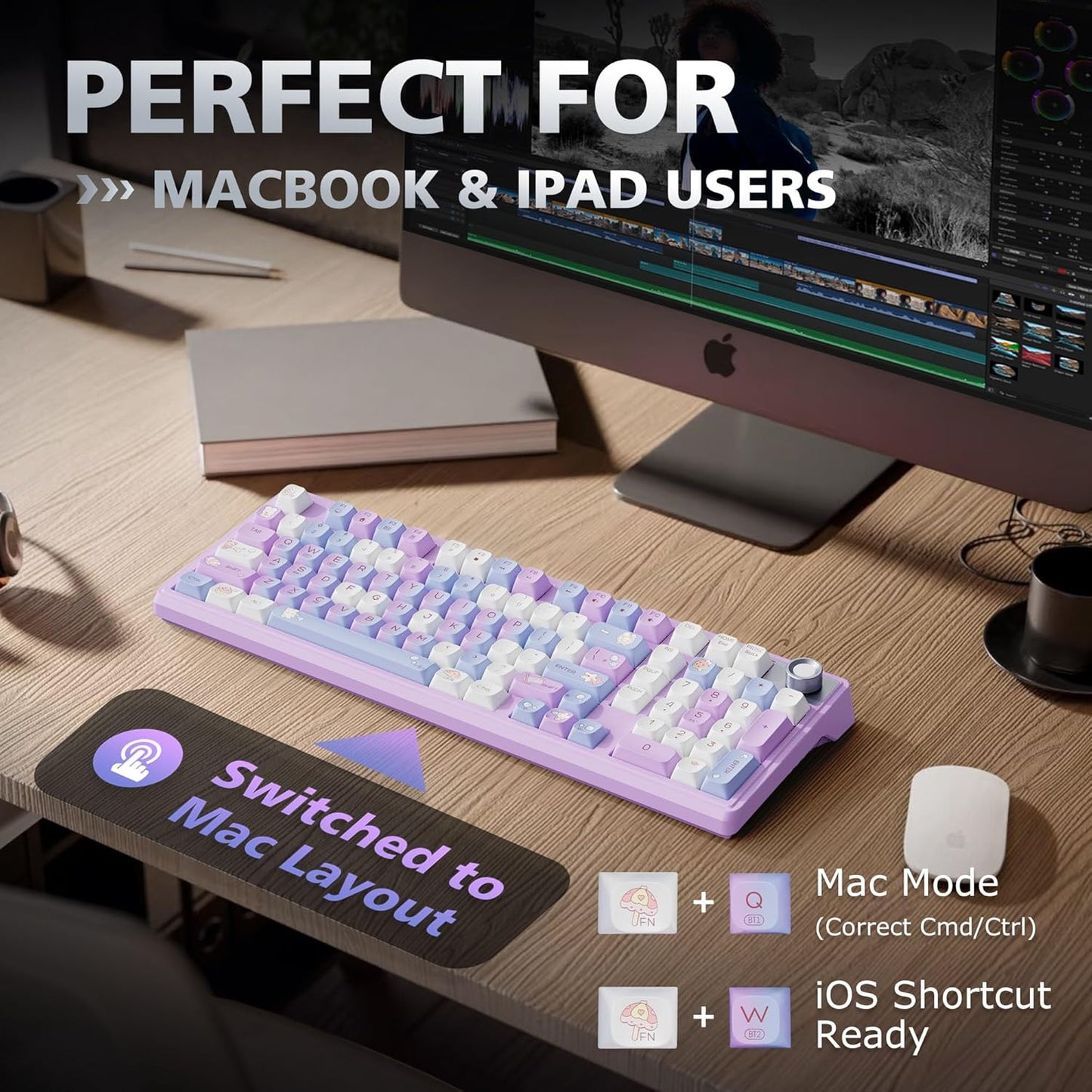 F98 Creamy Keyboard with Number pad, Hot Swappable Wireless Mechanical Keyboard with Knob, RGB Backlit Thocky Pink Keyboard BT 5.0/2.4G/USB-C for Mac, Laptop, PC Gaming Keyboard
