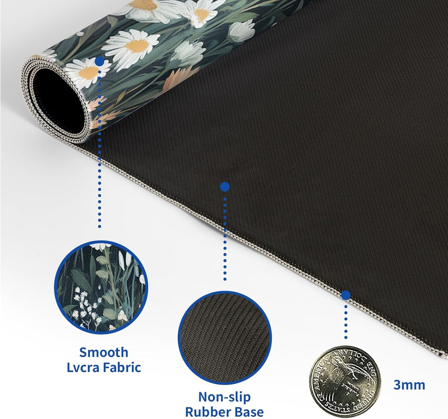 Flower Mouse Pad Abstract Black Mouse Pad 31.5x11.8 Inch Floral Texture Non-Slip Rubber Base Large Weeds Mousepad Stitched Edges Keyboard Mouse Mat Desk Pad for Office and Home