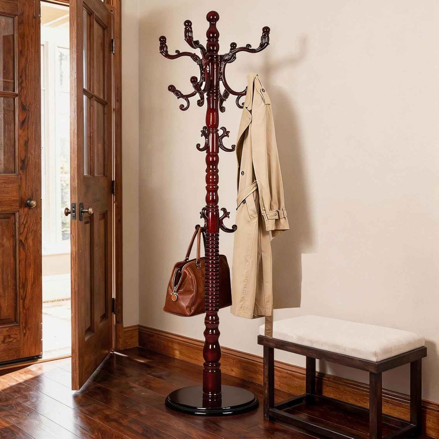 Wooden Coat Rack Freestanding with 18 Hooks, Adjustable Height Coat Tree Free Standing Heavy Duty for Entryway, Easy Assembly Solid Wood Sturdy Coat Hats Hanger Stand for Office Hallway Bedroom