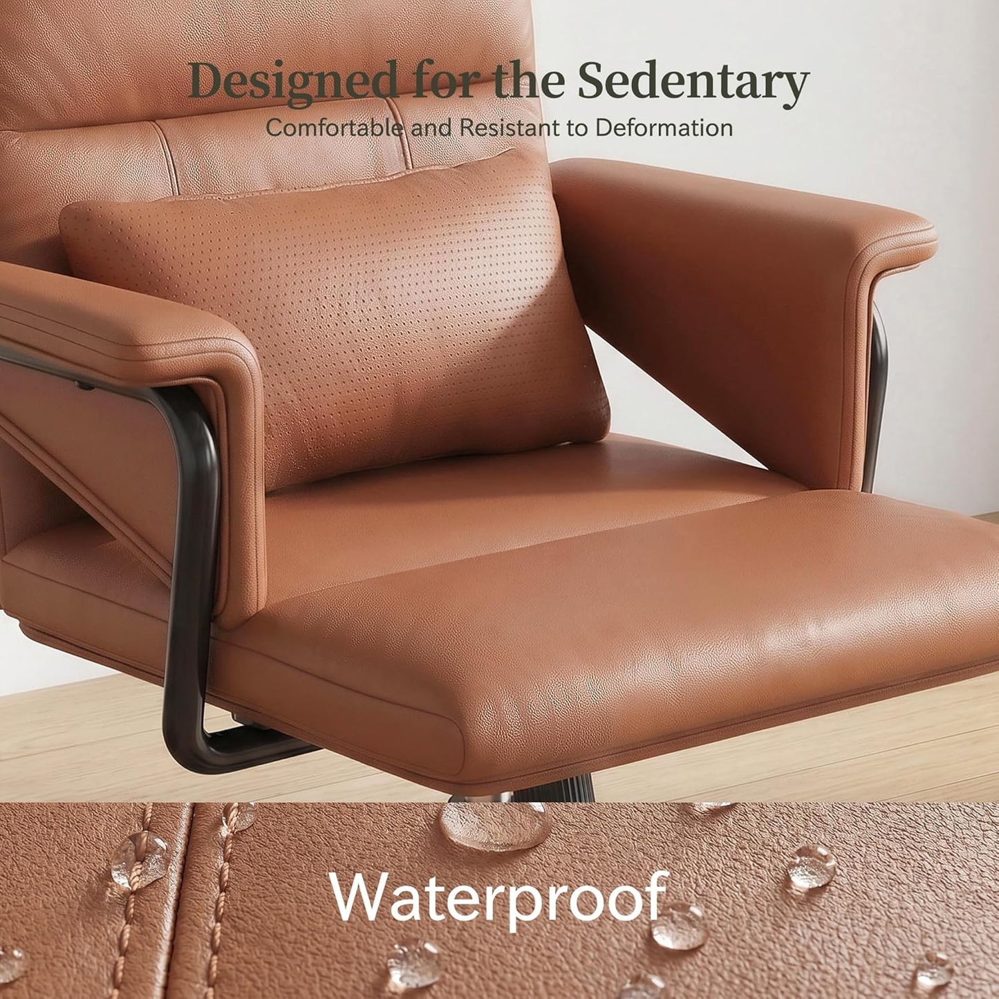 Leather Office Chair, Mid Back Ergonomic Desk Chair with Lumbar Support, Modern Computer Chair with Padded Armrest &Wheels, Height Adjustable Swivel Chair with Tilt Lock (Brown)