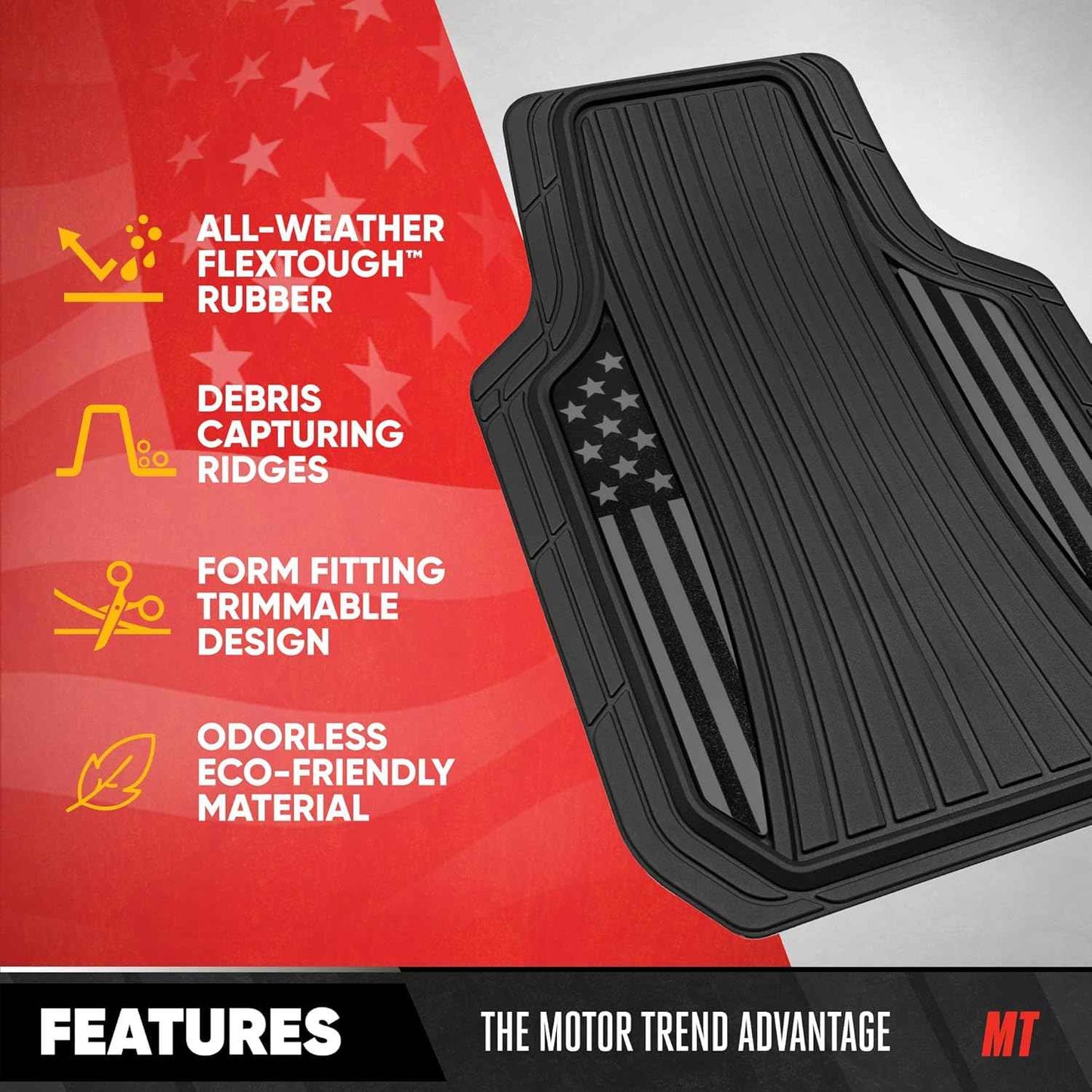 MotorTrend Black Flag Rubber Floor Mats – All Weather Car Mats with American Flag Stars & Stripes Design, Heavy-Duty Automotive Floor Mats for Cars, SUVs & Trucks Black/Grey