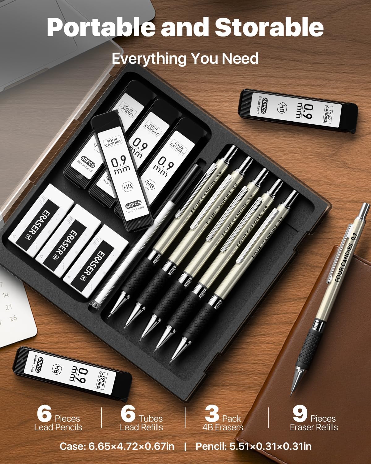 Four Candies Metal Mechanical Pencil Set - 6PCS 0.9mm Art Mechanical Pencils & 360PCS HB Lead Refills & 3PCS Erasers & 9PCS Eraser Refills, Drawing Mechanical Pencils for Writing, Sketching -With Case