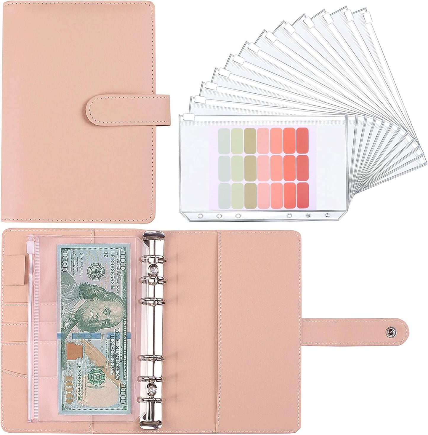 Money Saving Binder, Savings Challenges Book with for Cash Envelopes, 12pcs Zipper Envelopes A6 Budget Binder, Budget Planner for Managing Budgets and Saving Money (Pink-7.4IN)