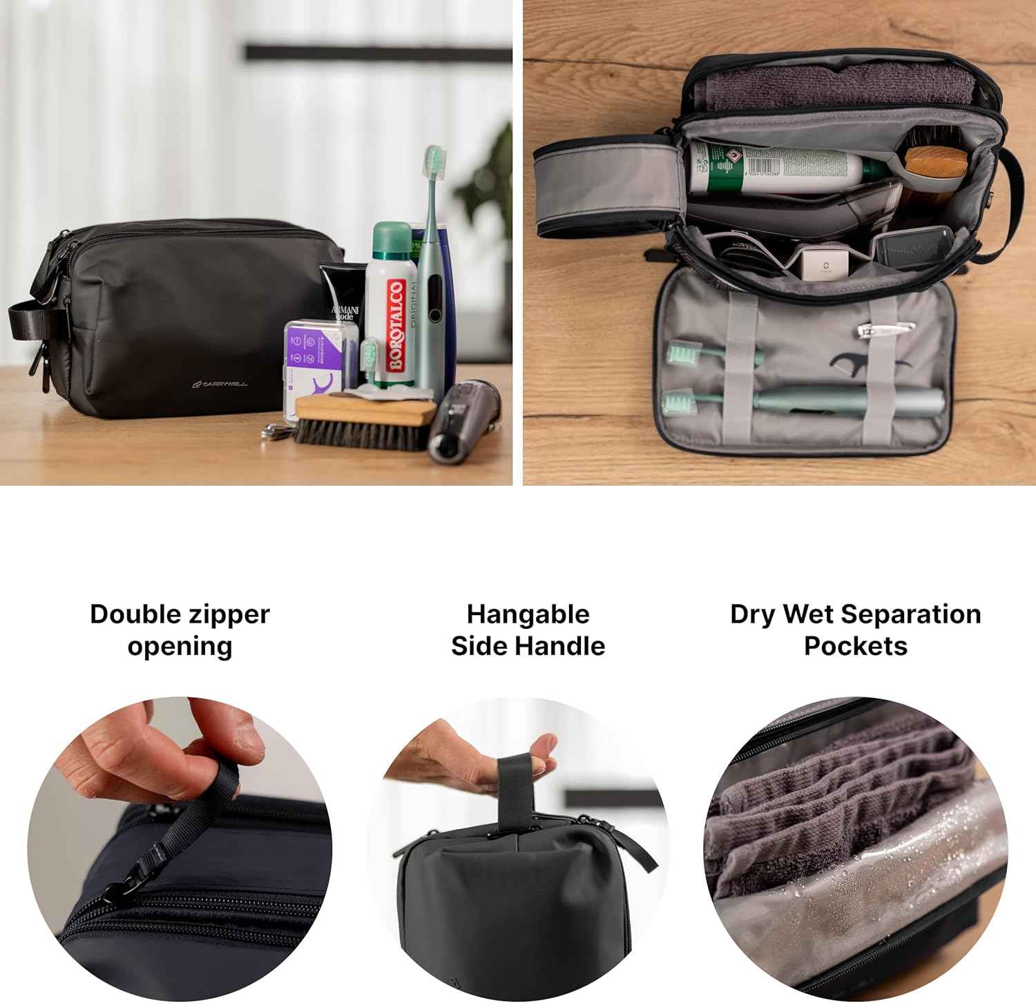 Carrywell (Not Made In China) Toiletry Bag For Men, Shaving Kit, Travel Organizer Dopp Kit, Interior Compartments and Pockets For Toiletries and Accessories, Black