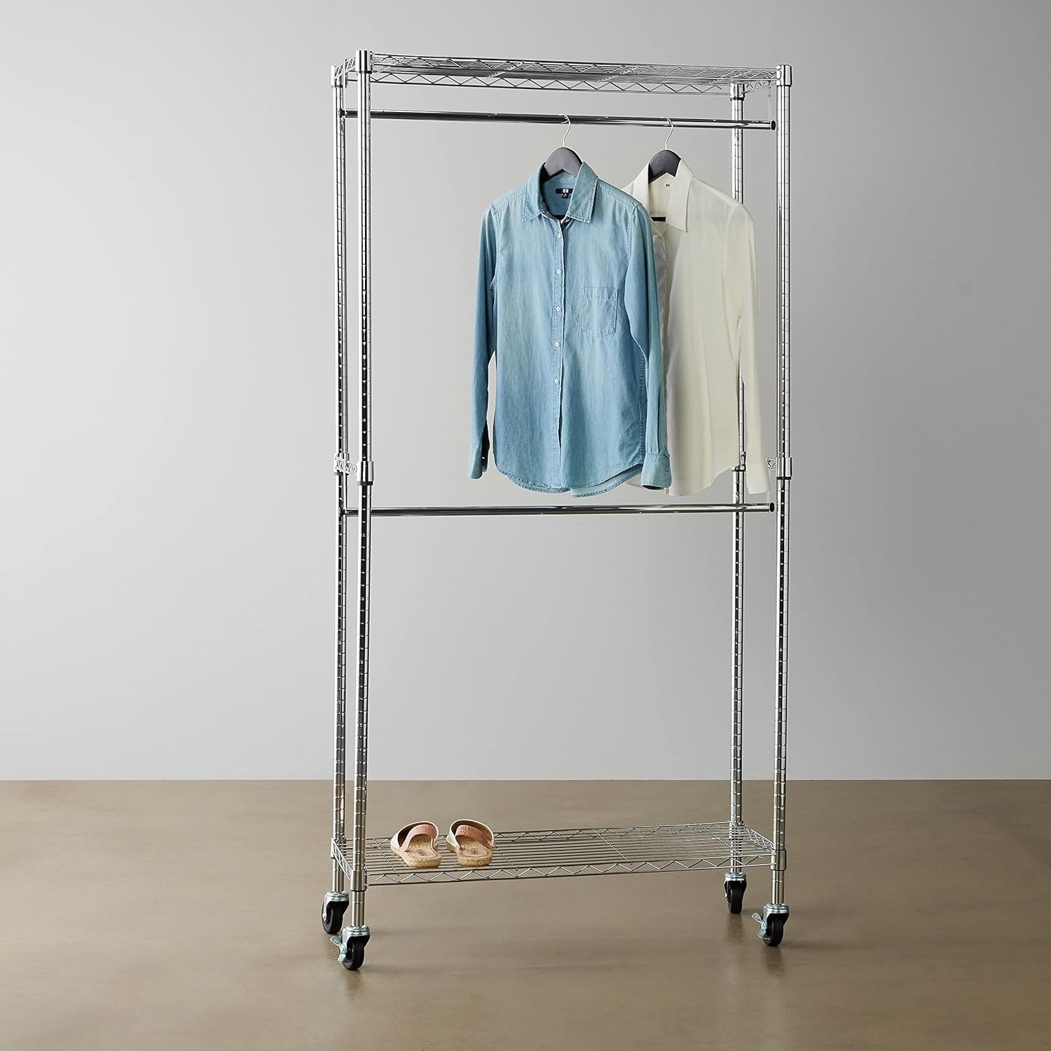 Amazon Basics Adjustable Clothes Rack for Handing, Double Hanging Rod Garment Rolling Closet Clothing Organizer, Chrome, 36'' x 14'' x 72'' - Lumora Desk