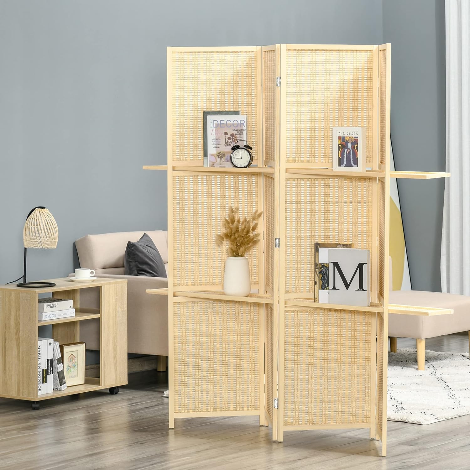 NicBex Room Divider 4 Panel Room Dividers with Storage Shelves Partition Room Dividers and Folding Privacy Screens 6 FT Wall Divider for Office, Room Separation,70.75" W x 0.75" D x 70.75" H, Natural - Lumora Desk