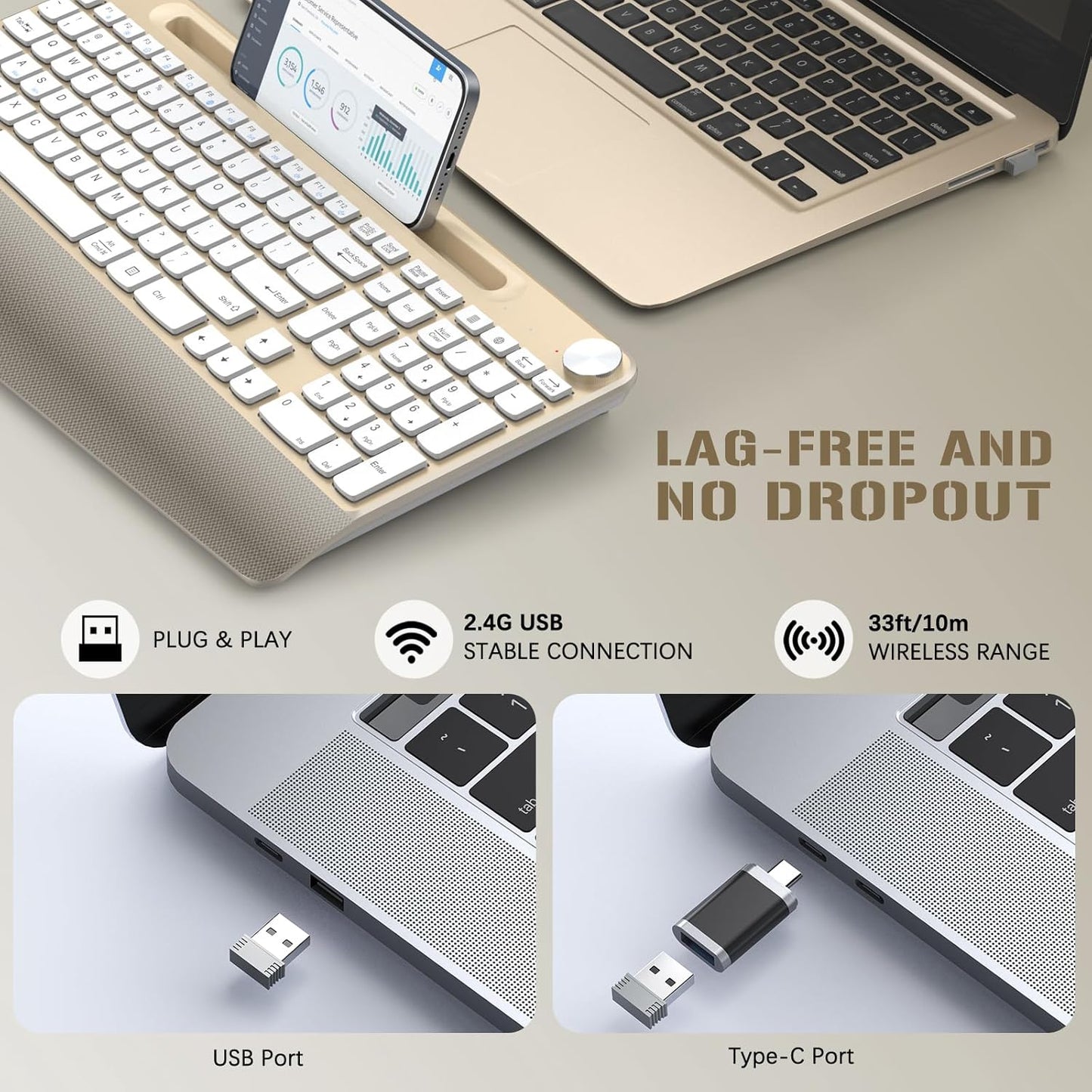 JOYACCESS Ergonomic Wireless Keyboard with Palm Rest & Tilt Angle, 2.4G Full-Size, Comfortable Typing, USB-C Adapter & Phone Holder for Mac/Windows -Gold White