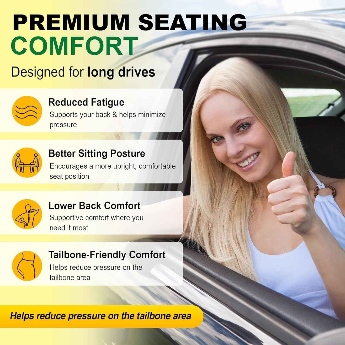 kingphenix 5-Piece Memory Foam Car Seat Cushion Set with Full Back Support Pillow, Comfort for Long Drives & Road Trips, Universal Automotive Comfort for Most Car, Van, Truck, SUV, Black