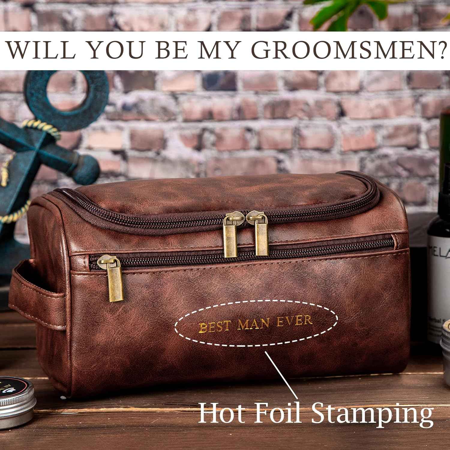 Mens Toiletry Travel Bag Groomsmen Father Dad Mens Leather Toiletries Grooming Bag for Men Shaving Bag Hanging Water Resistant Organizer (Brown)