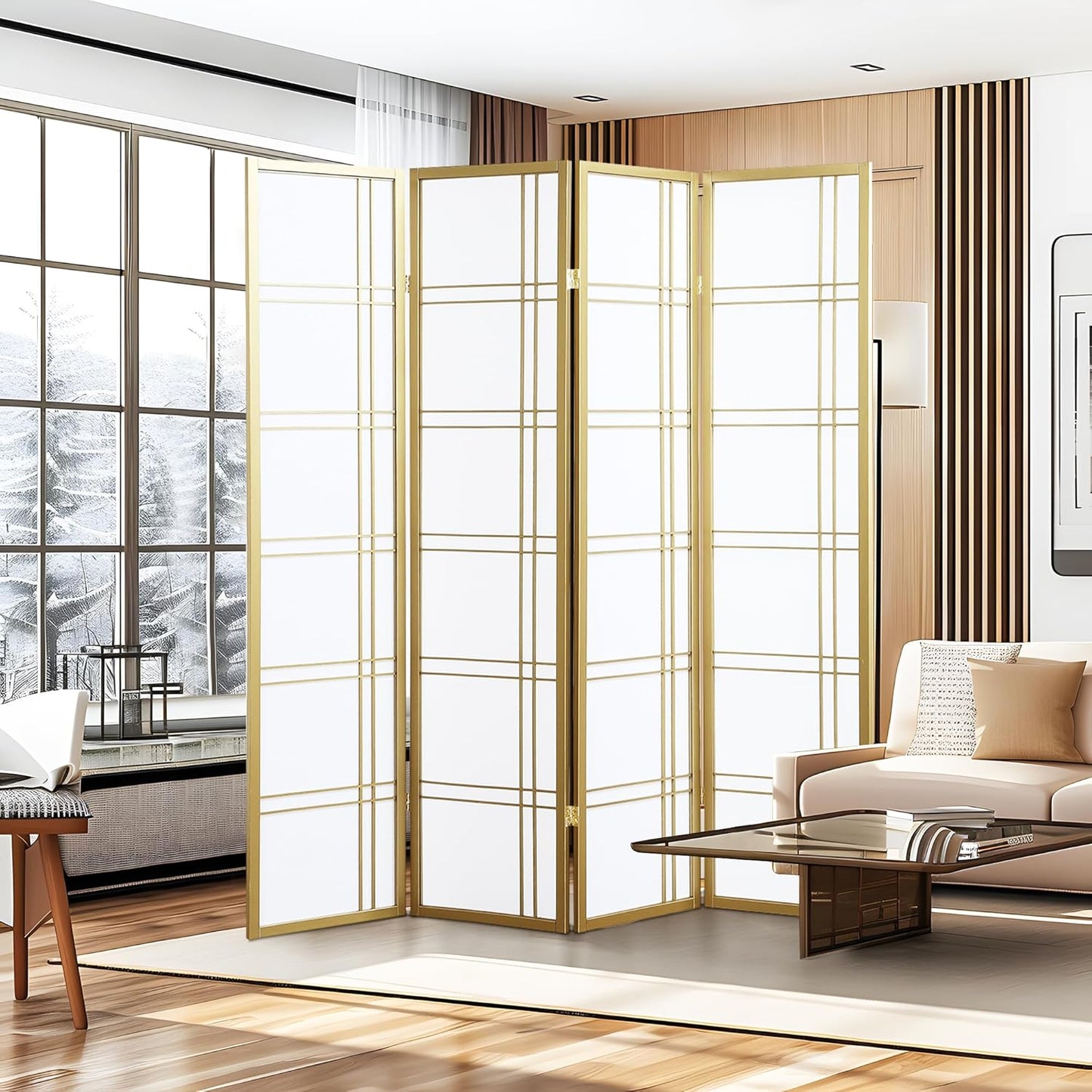 NicBex Room Divider 4 Panel Room Dividers with Paper-Looking Partition Room Dividers and Folding Privacy Screens Wall Divider for Home, Office, Room Separation,72" W x 1" D x 70" H, White+Gold - Lumora Desk