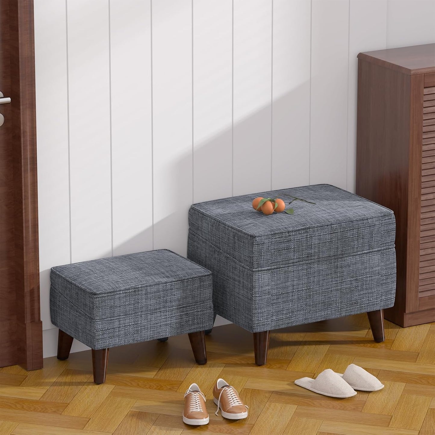 Storage Ottomans with Adjustable Cover, BOGO, Step Stool, Footrest and Seat, Ottoman Foot Rest Set for Living Room, Bedroom, Dorm, Light Gray