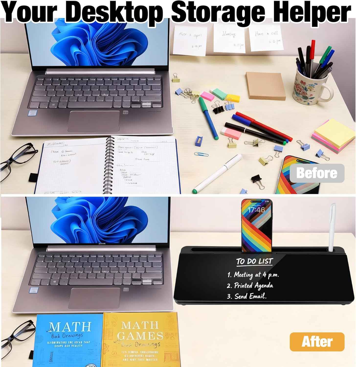 Glass Desktop Whiteboard 15.8×7”, Dry Erase Note Memo Board, Desk Organizer with Storage for Office, Home, Study, Black