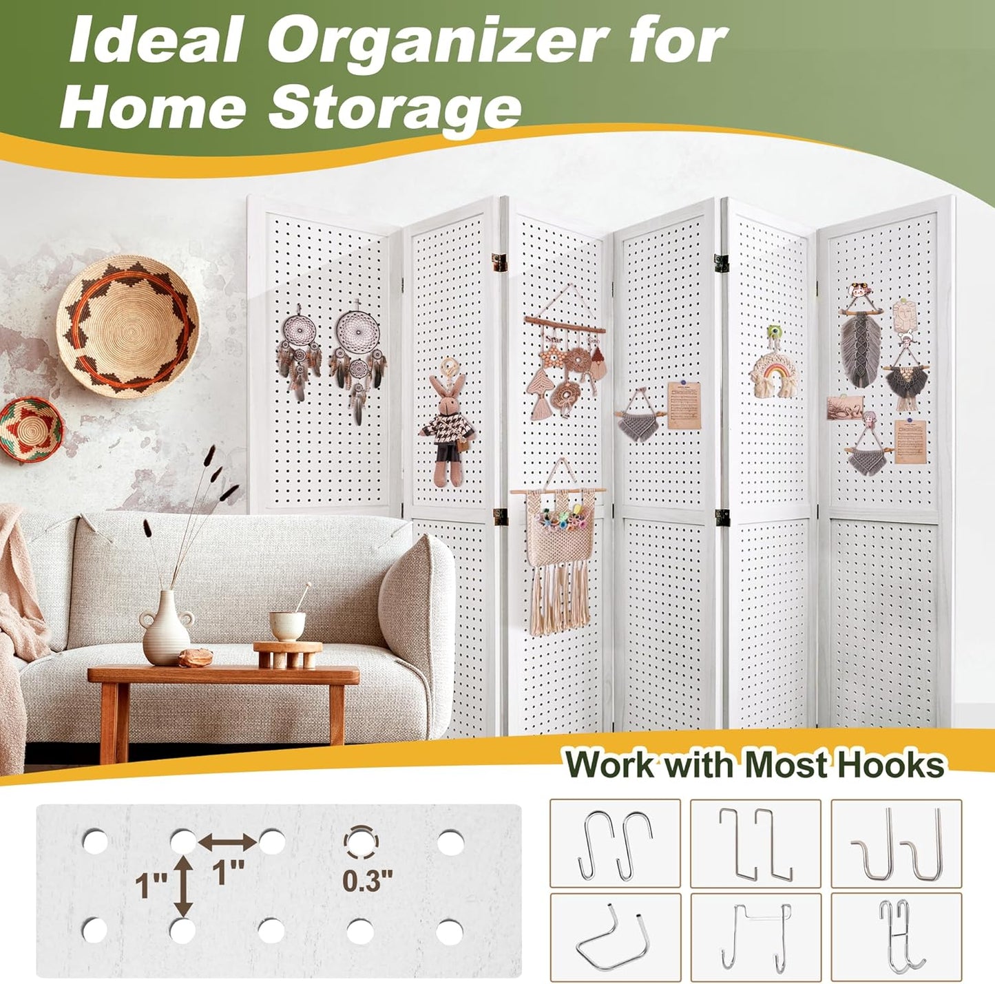 NicBex 6 Panel Pegboard Display,5.6FT Wood PegBoard Room Dividers,Folding Privacy Screens Portable Freestanding Display Board for Craft/Art Shows,Room Separation,White - Lumora Desk