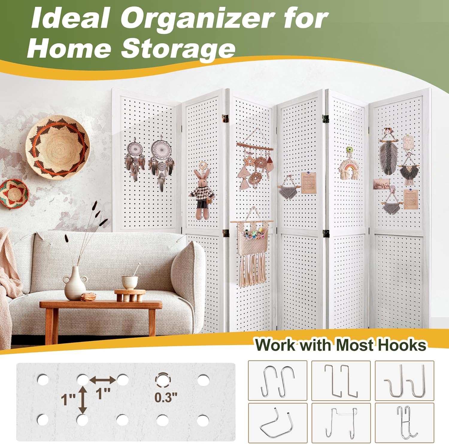 NicBex 6 Panel Pegboard Display,5.6FT Wood PegBoard Room Dividers,Folding Privacy Screens Portable Freestanding Display Board for Craft/Art Shows,Room Separation,White - Lumora Desk