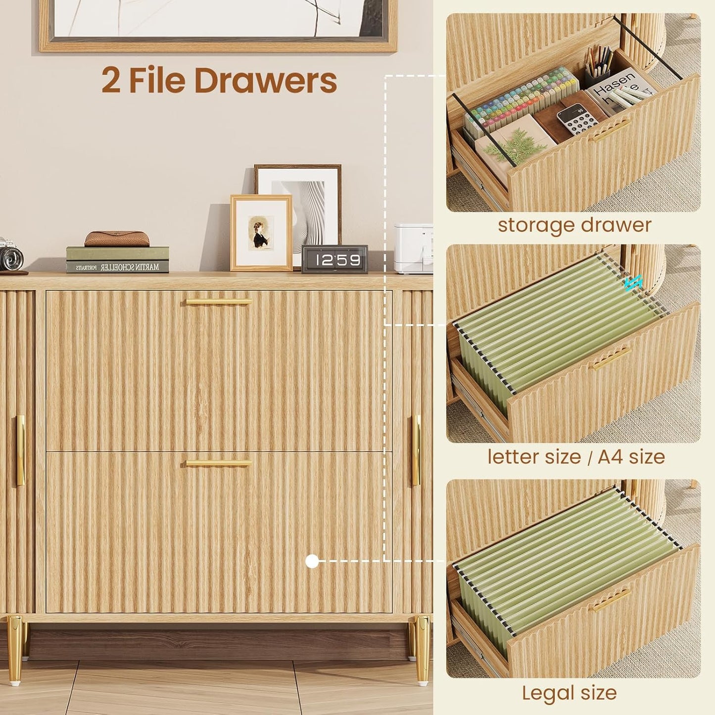 SEDETA 2 Drawer File Cabinet, 39.4" Filing Cabinet for Home Office, fit Legal/Letter/A4 Size, Modern Fluted Filing Cabinets with 2 Sliding Door Storage, Printer Stand, Natrual