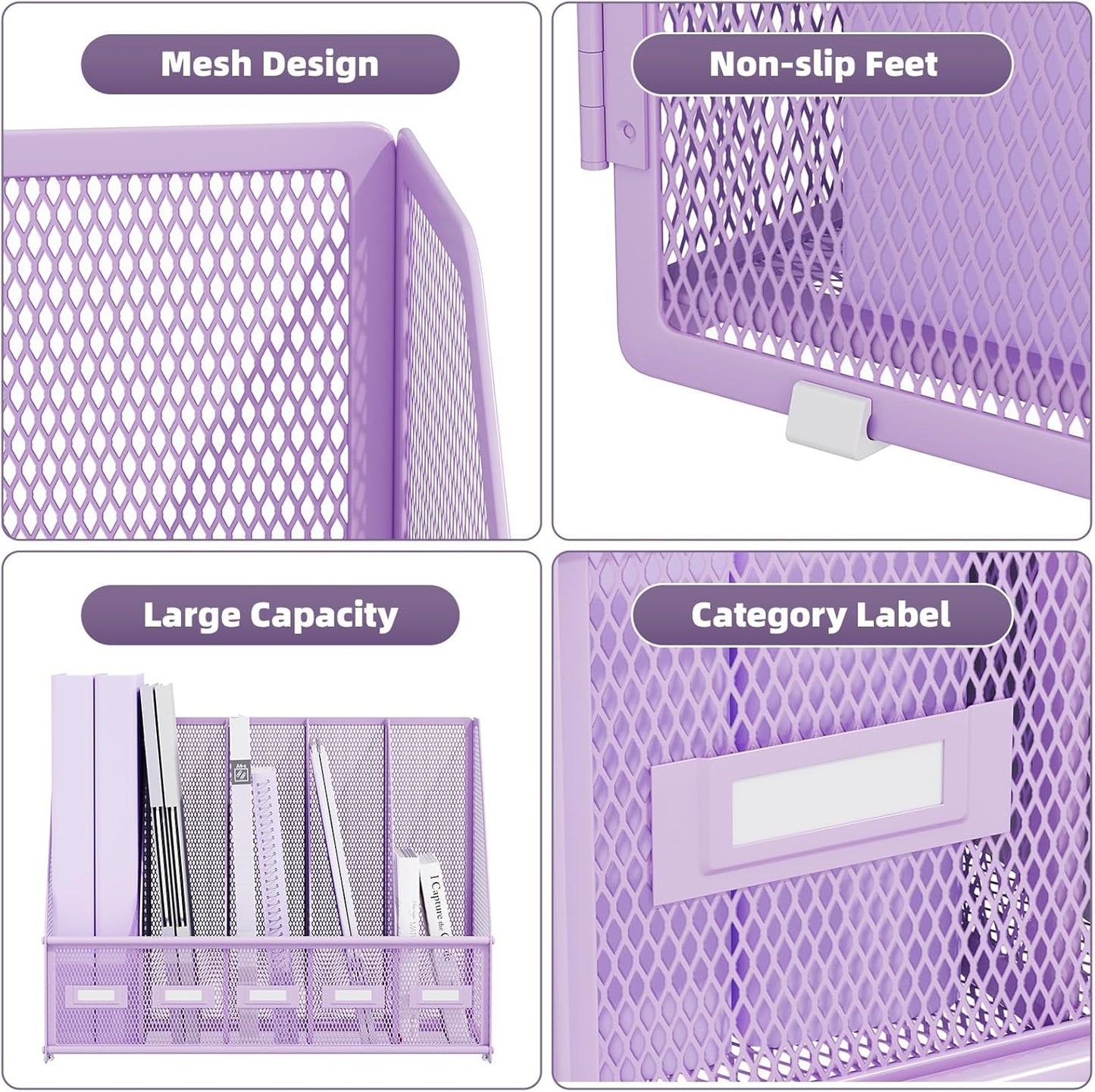 Marbrasse Desk File Organizer with 5 Vertical Compartments Mesh Magazine File Holder for Office, Home, School