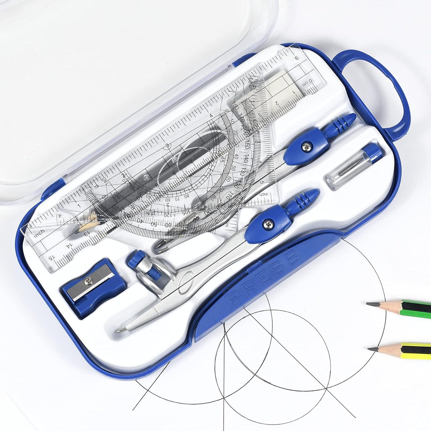Math Geometry Kit Sets 10 Piece Student Supplies with Shatterproof Storage Box,Includes Rulers,Protractor,Compass,Eraser,Pencil Sharpener,Lead Refills,Pencil,for Drafting and Drawings（Navy blue）