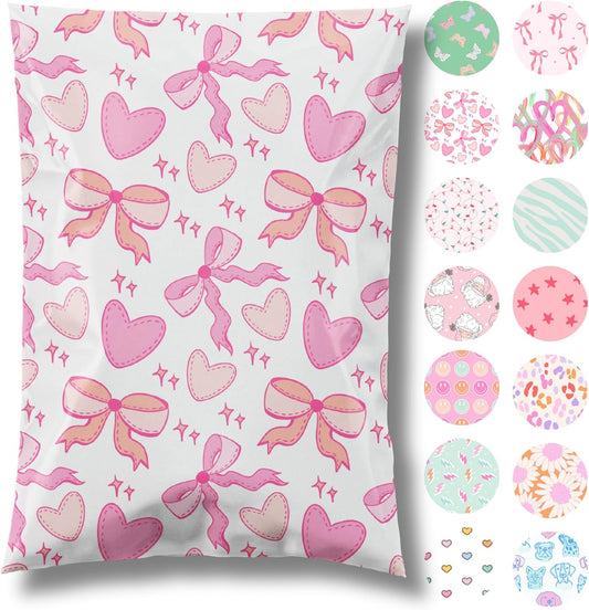 10x13 Designer Poly Mailer 100 Pack Heavy Duty Waterproof Self Seal Shipping Bags for Small Business Large Mailing Envelopes Bulk Tear Resistant Packaging Coquette Bows Hearts