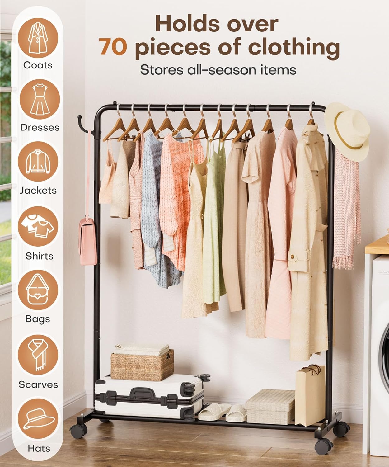 Homde Heavy Duty Clothes Rack: 120lb Standing Garment Storage for Indoor - Rolling Hanging Rod for Bedroom Laundry Room - Coat Dress Organizer on Wheels with luggage shelf (Black，46") - Lumora Desk