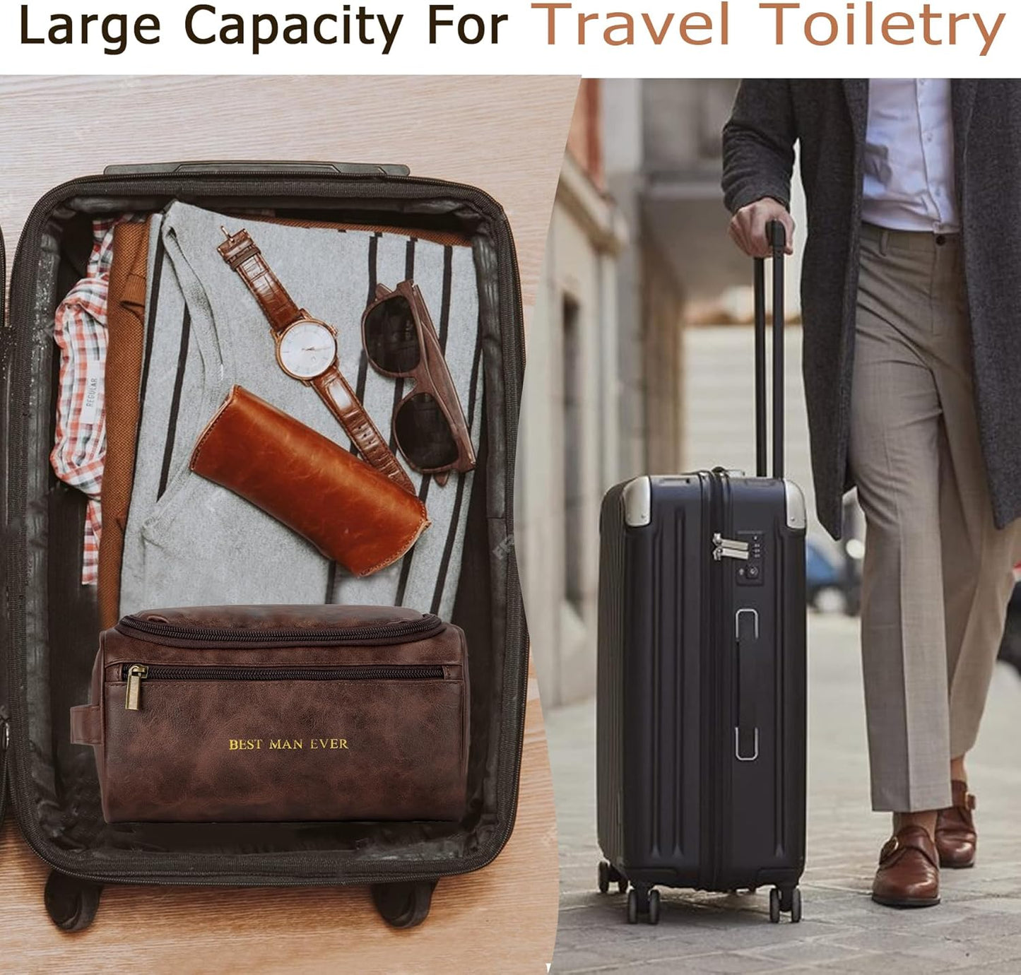 Mens Toiletry Travel Bag Groomsmen Father Dad Mens Leather Toiletries Grooming Bag for Men Shaving Bag Hanging Water Resistant Organizer (Brown)