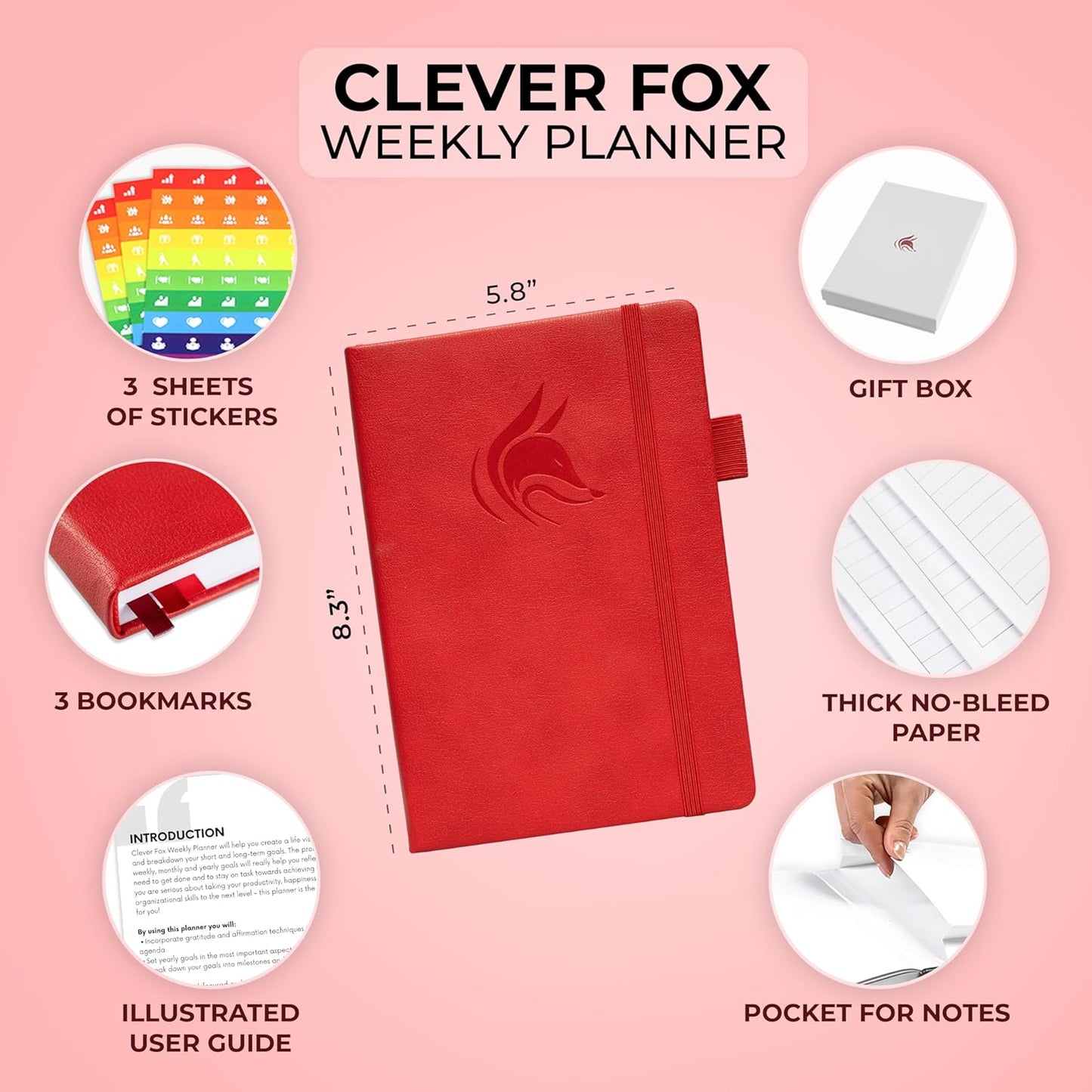 Clever Fox Planner – Undated Weekly & Monthly Planner for Productivity, Time Management & Goals – Organizer Journal – A5 (Red)