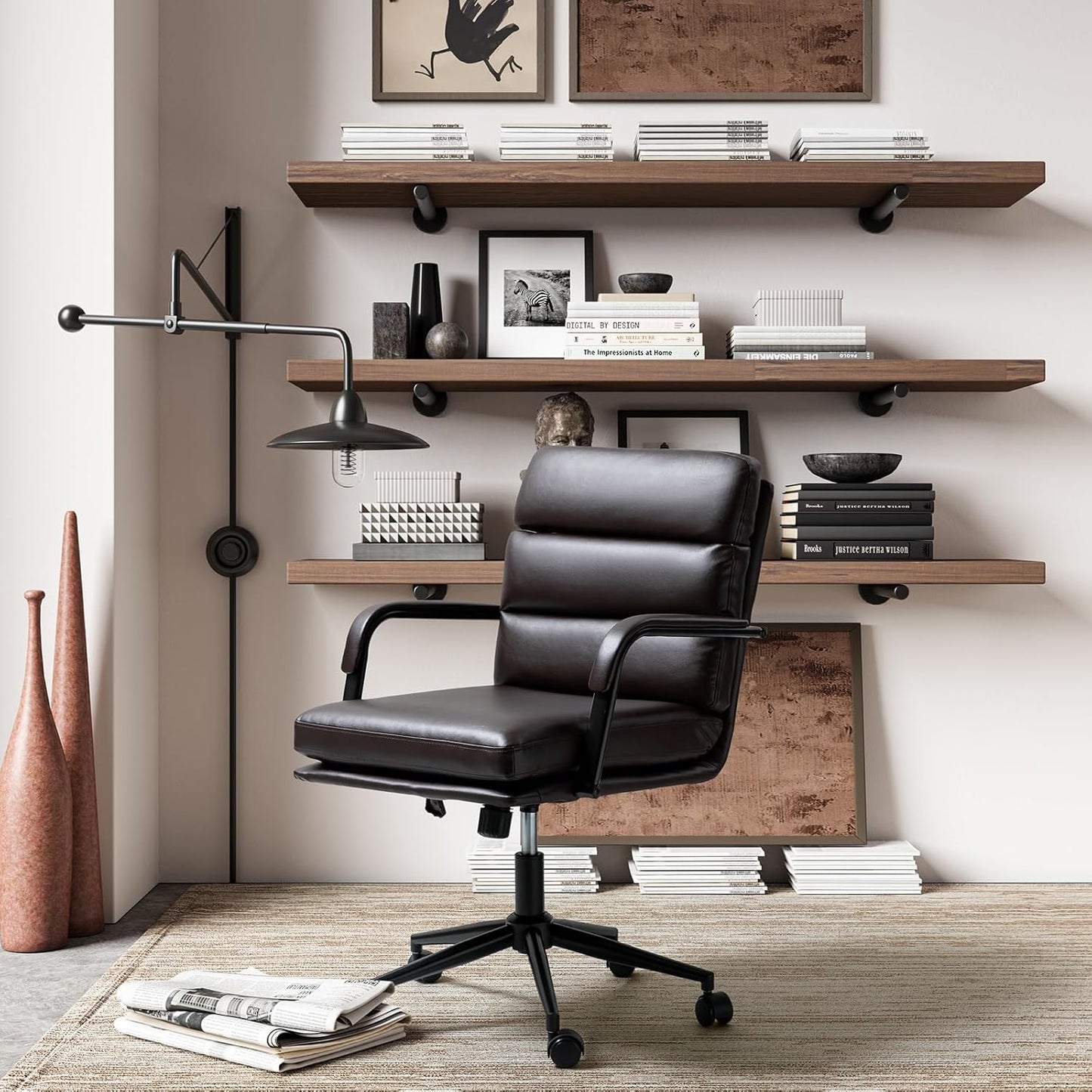 HULALA HOME Modern Faux Leather Home Office Chair with Tilt Lock & Metal Base, Desk Chair with Wheels & Padded Cushion, 360° Swivel Wide Seat Computer Task Chair, Brown