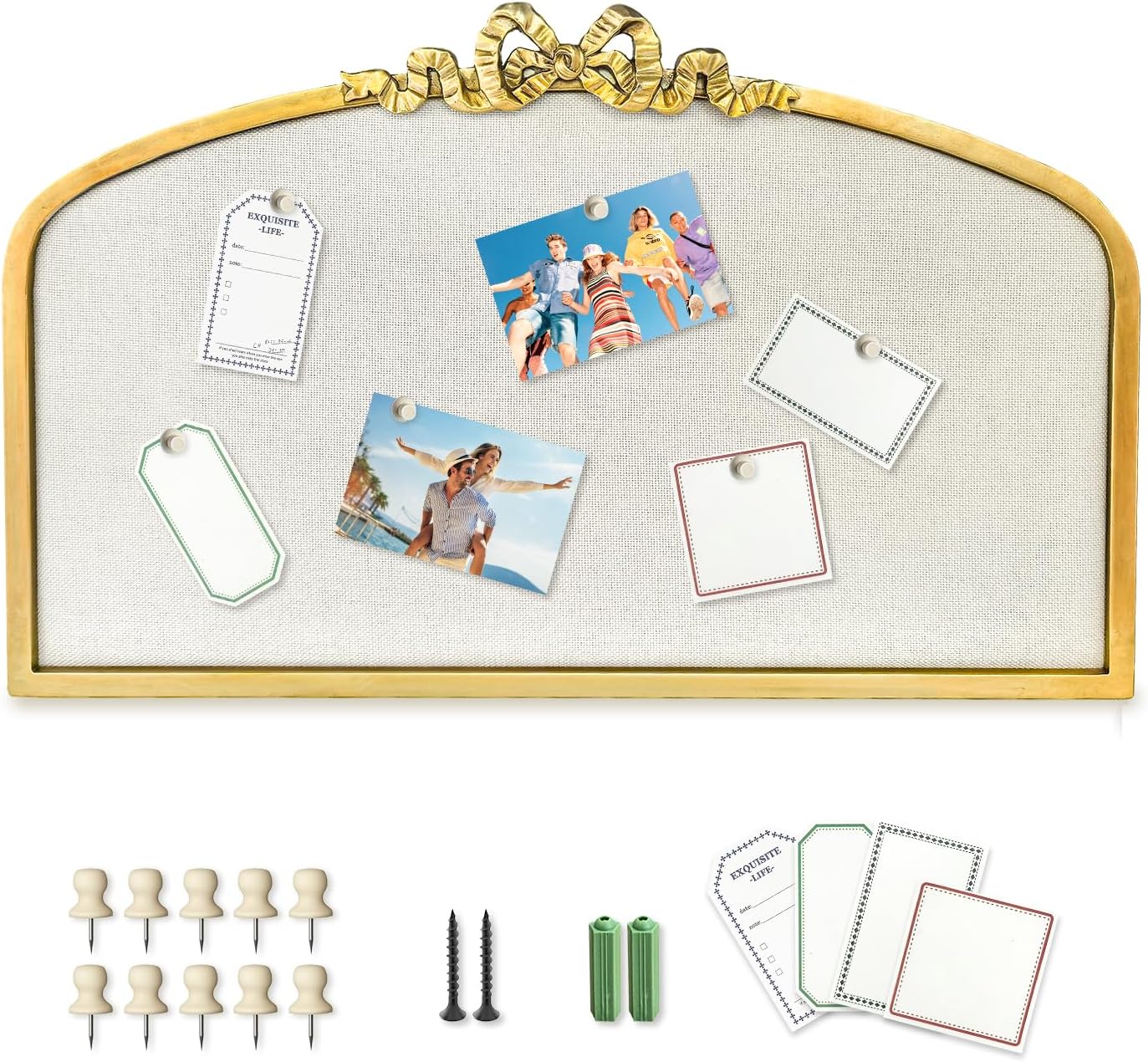 Vintage Arched Linen Cork Board with Gold Bowknot – Decorative Bulletin Board for Walls, Iron Frame Pin Board for Notes, Photos & Reminders, Elegant Vision Board for Home & Office 24"x 15" - Lumora Desk