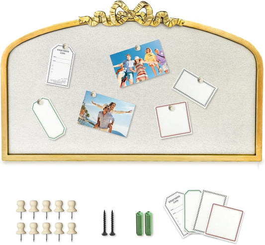 Vintage Arched Linen Cork Board with Gold Bowknot – Decorative Bulletin Board for Walls, Iron Frame Pin Board for Notes, Photos & Reminders, Elegant Vision Board for Home & Office 24"x 15" - Lumora Desk