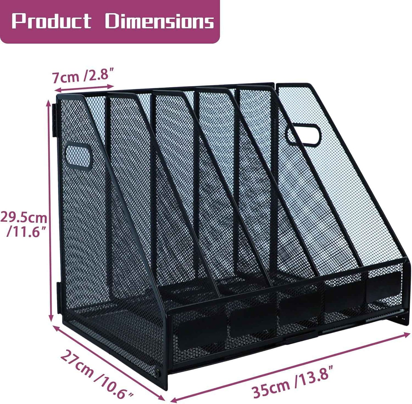 Desk Organizers, Metal Magazine File Holder with 5 Vertical Compartments Rack Binder File Organizer for Office Supplies, Home Workspace - Black
