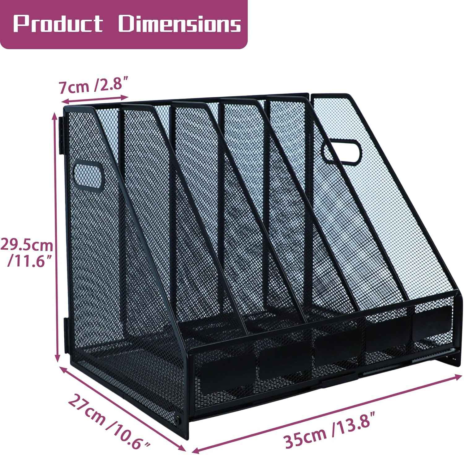 Desk Organizers, Metal Magazine File Holder with 5 Vertical Compartments Rack Binder File Organizer for Office Supplies, Home Workspace - Black