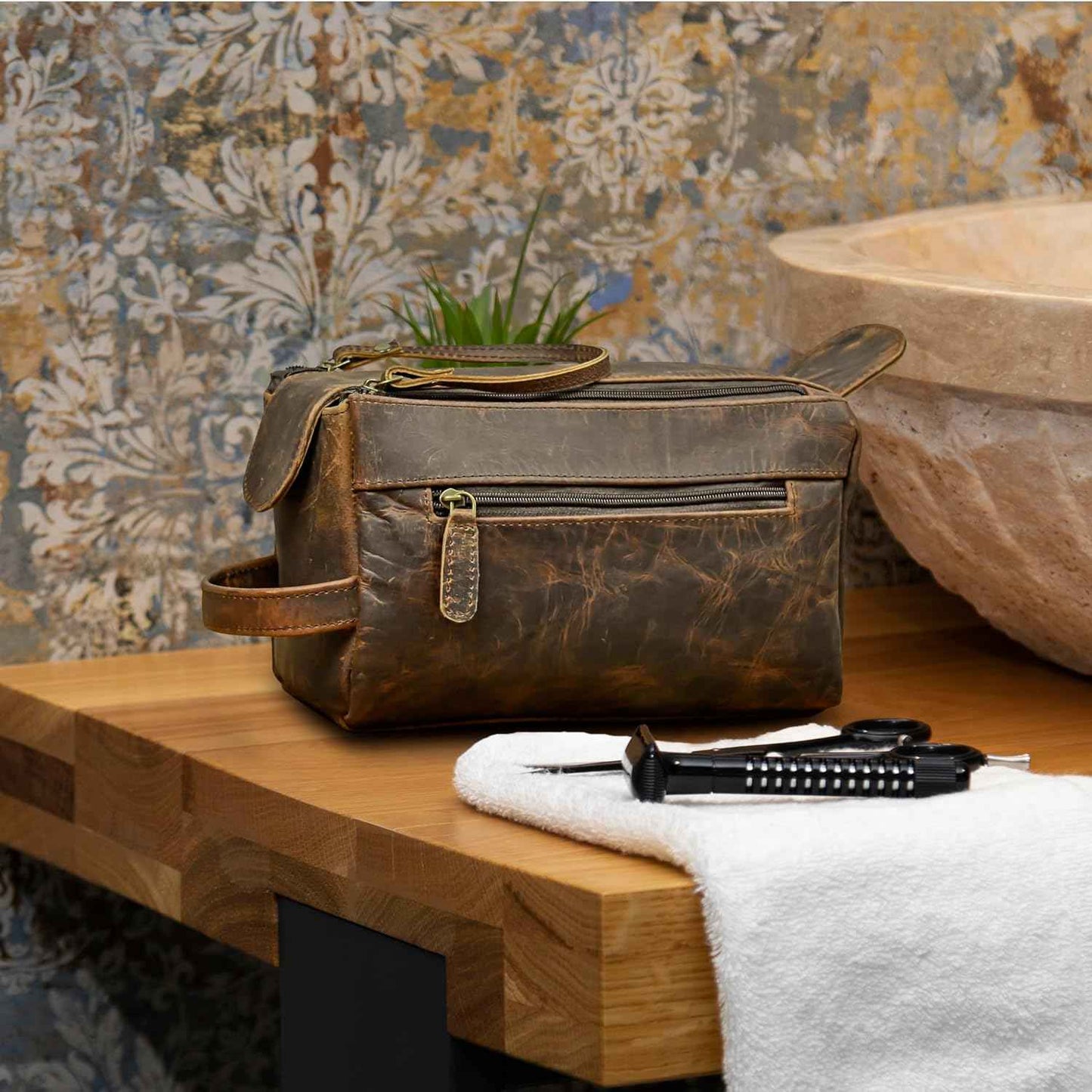 Genuine Leather Toiletry Bag Pouch For Men, Vintage Dopp-Kit For Shaving, Travel, Cosmetics And Toiletries, Stylish Organizer, Best Gift For Men By Shifaa Handicraft (Brown)