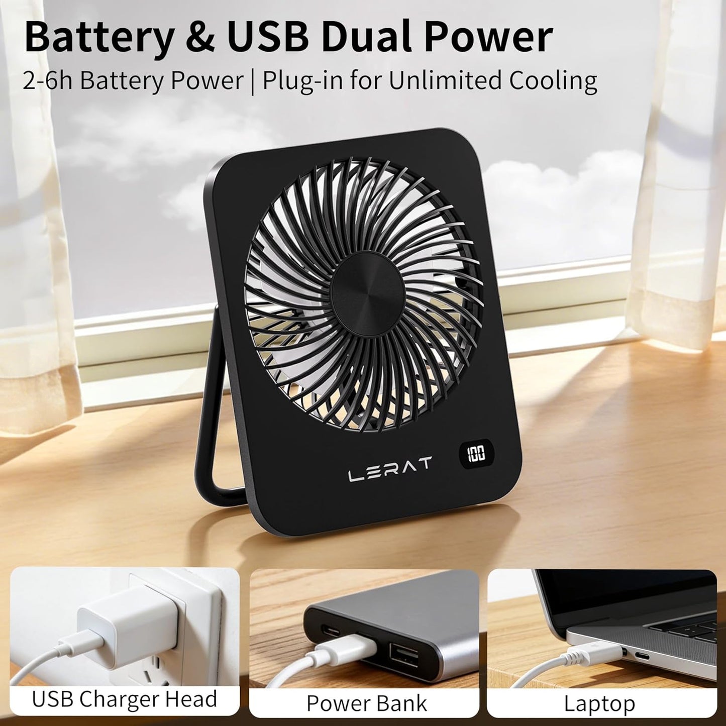 Lerat Portable Desk Fan, Small USB Rechargeable Fan with LED Display, 5-Speed Ultra-Quiet 180° Foldable Mini Fan for Summer Cruise Travel, Cooling Gifts for Women Girls Kids (Black)