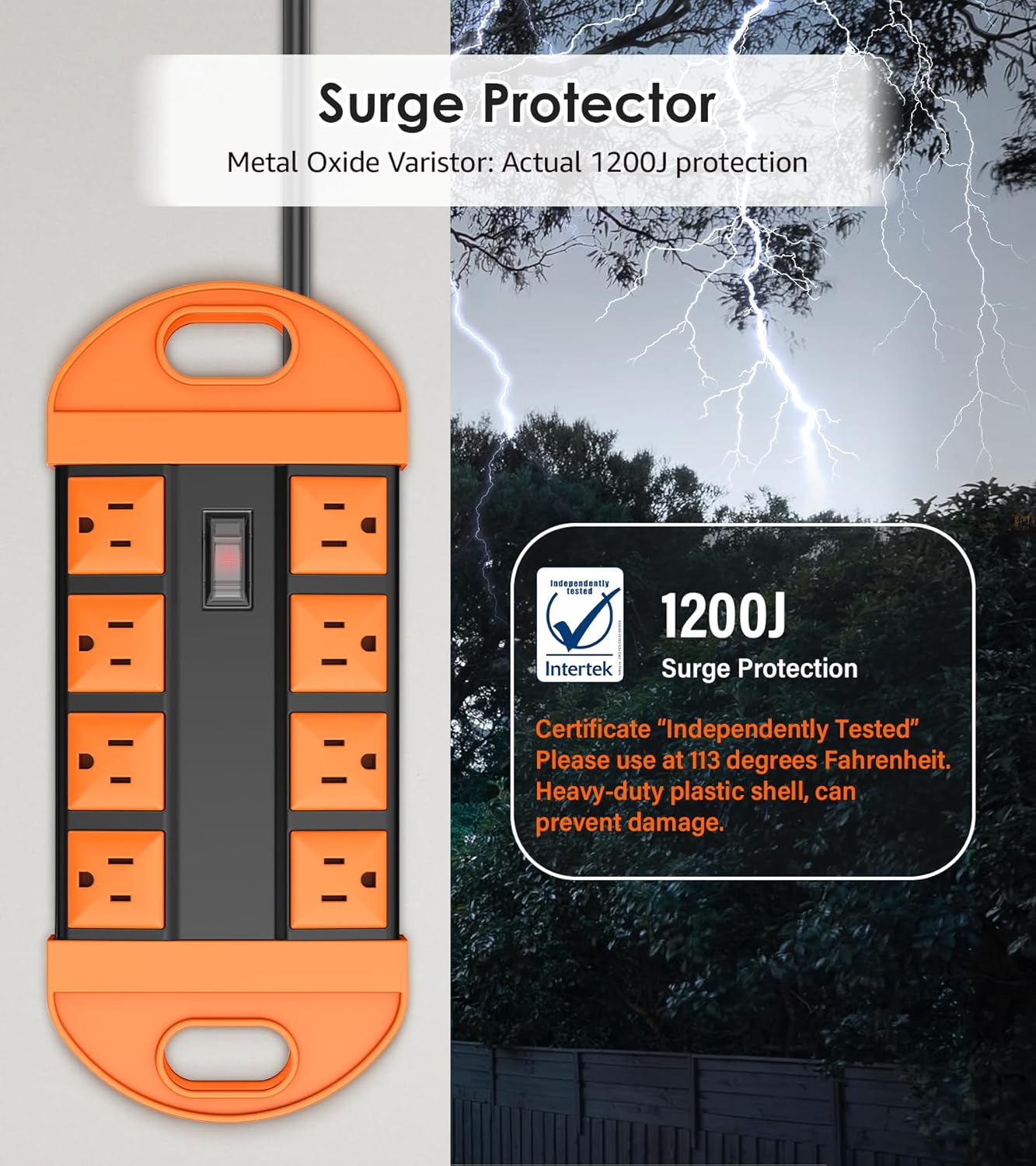 CCCEI Outdoor Power Strip Weatherproof with 8 Plug, Waterproof Extension Cord with Multiple Outlets, Christmas Exterior Garden Yard Surge Protector 15FT, Orange.