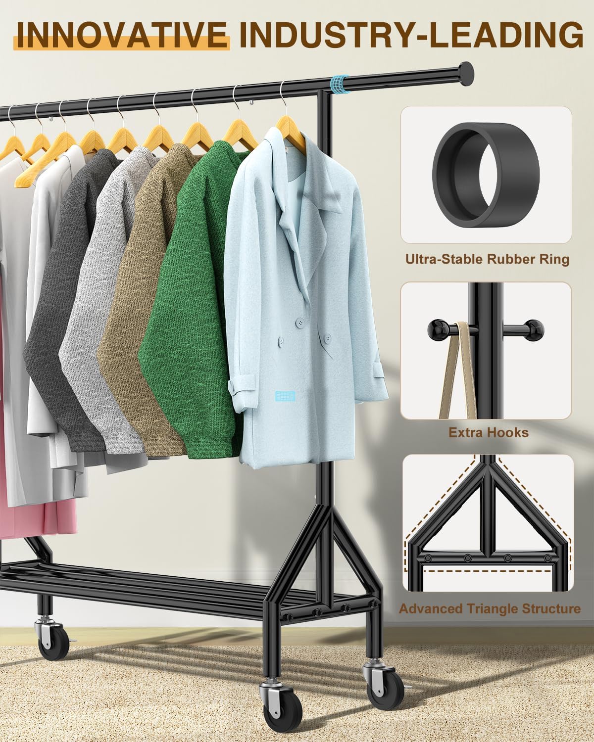 Heavy Duty Clothes Rack Load 520LBS, Adjustable Rolling Clothing Rack with Sturdy Wheel, Metal Industrial Closet Garment Racks for Hanging Clothes Coat, Portable for Bedroom, Laundry Living Room - Lumora Desk