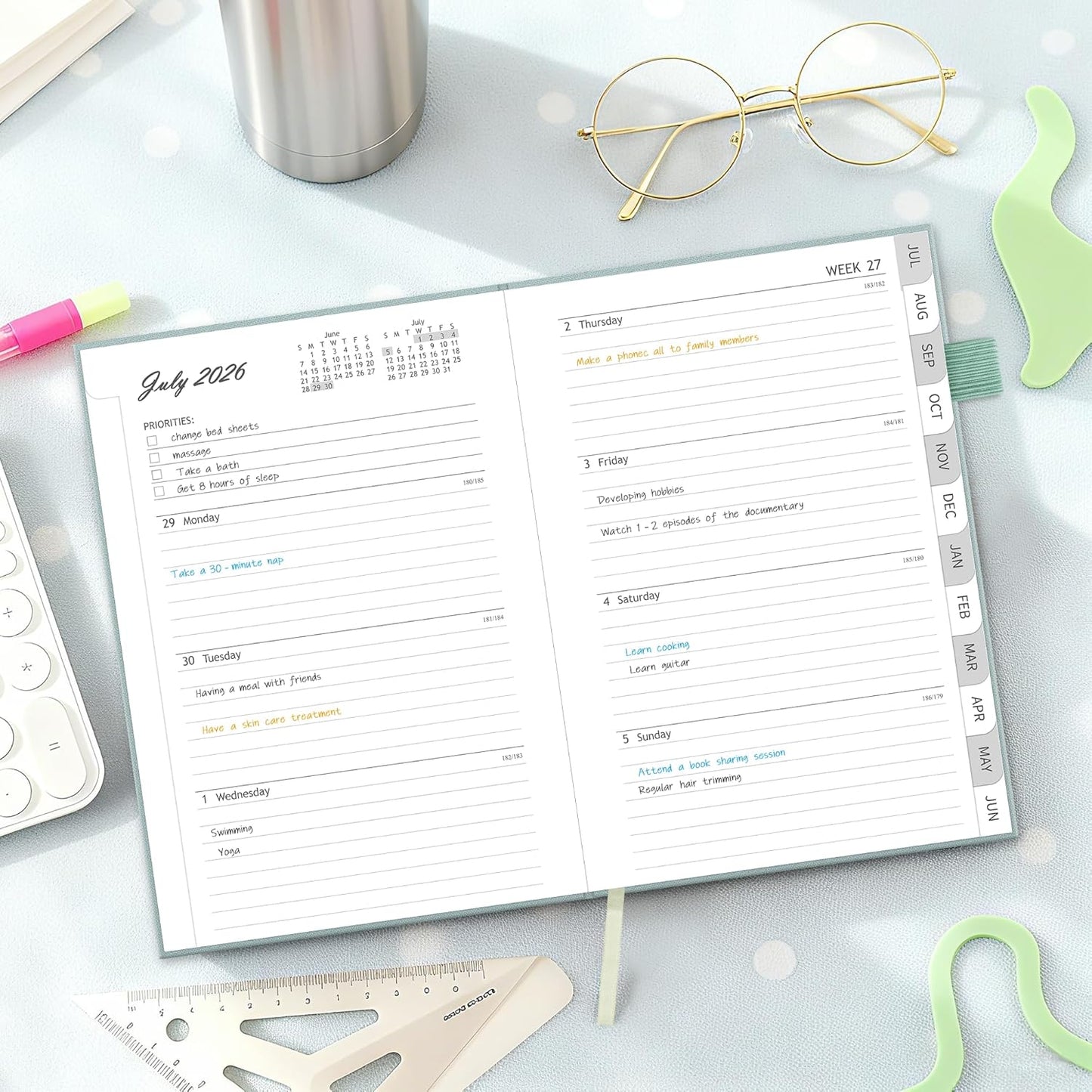 2026-2027 Planner, Weekly and Monthly Calendar Planner from July 2026 - June 2027, 6" x 8.5" Linen Hardcover Agenda Book with Tabs, Pen Holder, Inner Pocket for Office School, Blue