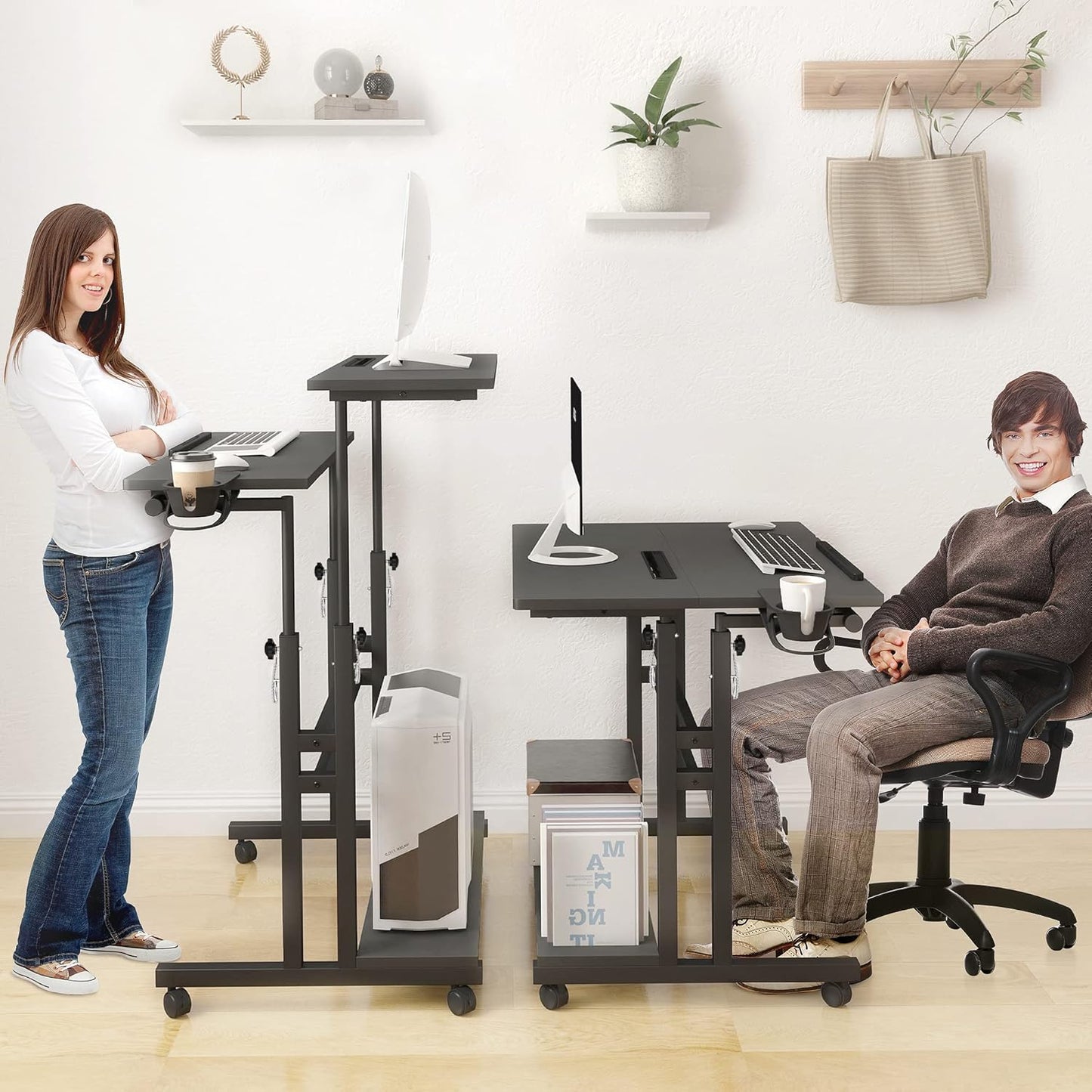 Mobile Standing Desk, Adjustable Rolling Computer Desk with 3 Desktops, Portable Laptop Table with Cup Holder, Home Office Laptop Workstation on Lockable Wheels, Black