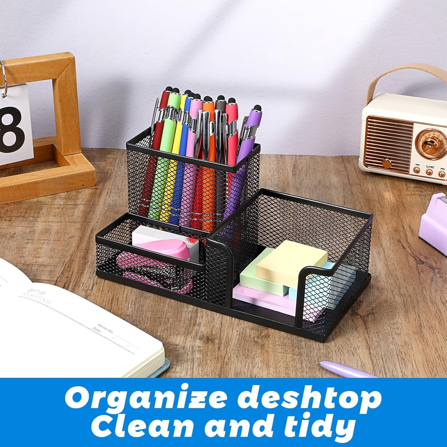 Mesh Pen Pencil Holder Note Holders Desk Organizer, 3 Compartment Wire Desktop Pen Pencil Cup Caddy Office Supplies Accessories for Home Office School, Black(4 Pack)