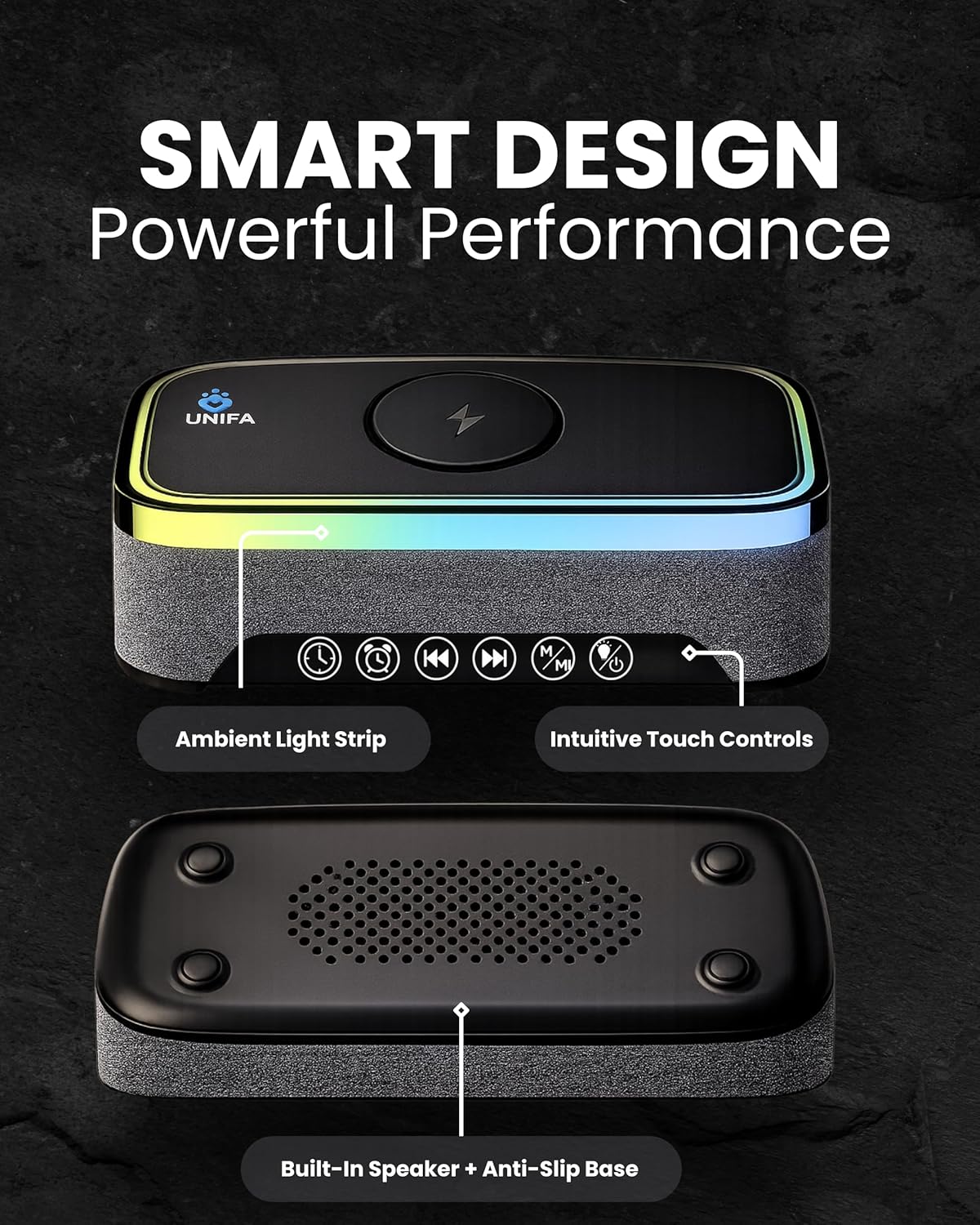 Wireless Charging Alarm Clock with Bluetooth Speaker, FM Radio, Night Light, Dual Alarm, USB Charger, LED Bedside Clock