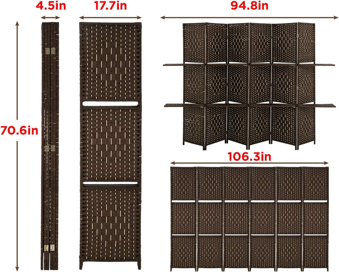 Room Divider and Folding Privacy Screens, 6 Panel Wall Wood Folding Screen Partitions with Removable Storage Shelves, 6FT Divider Freestanding Partition for Home Office Bedroom, Brown
