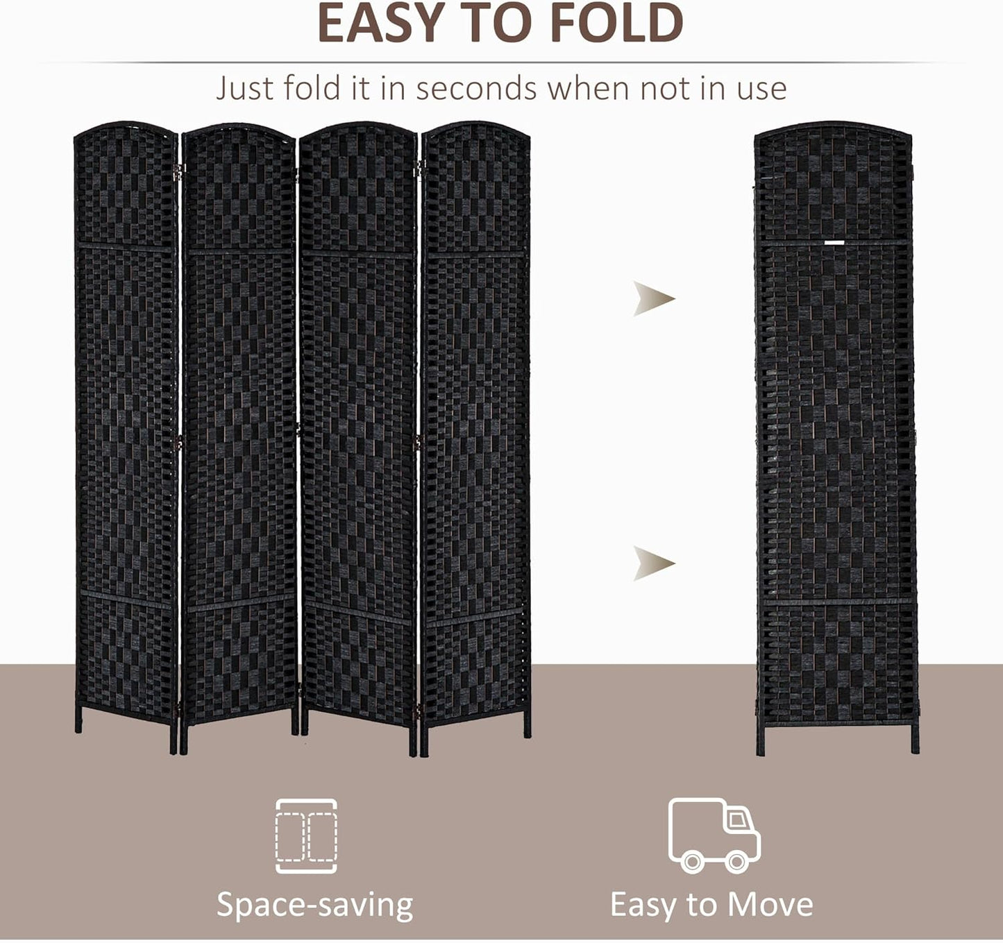 HOMCOM Room Divider 4 Panels Folding Privacy Screen 6FT Tall Portable Wicker Weave Partition Wall Divider for Bedroom Home Office, Black - Lumora Desk