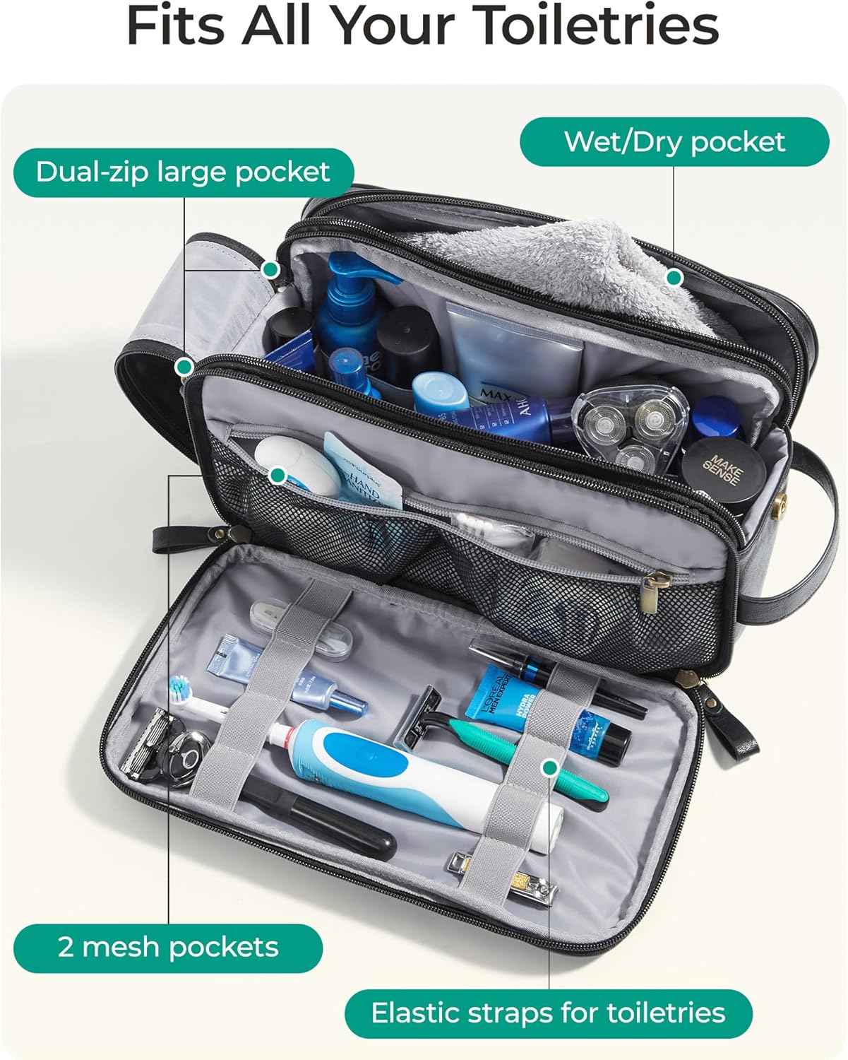 BAGSMART Large Toiletry Bag for Men, High-gloss PU Leather Travel Bag for Toiletries, Dopp Kit Water Resistant Shaving Bag for Bathroom Shower-Black