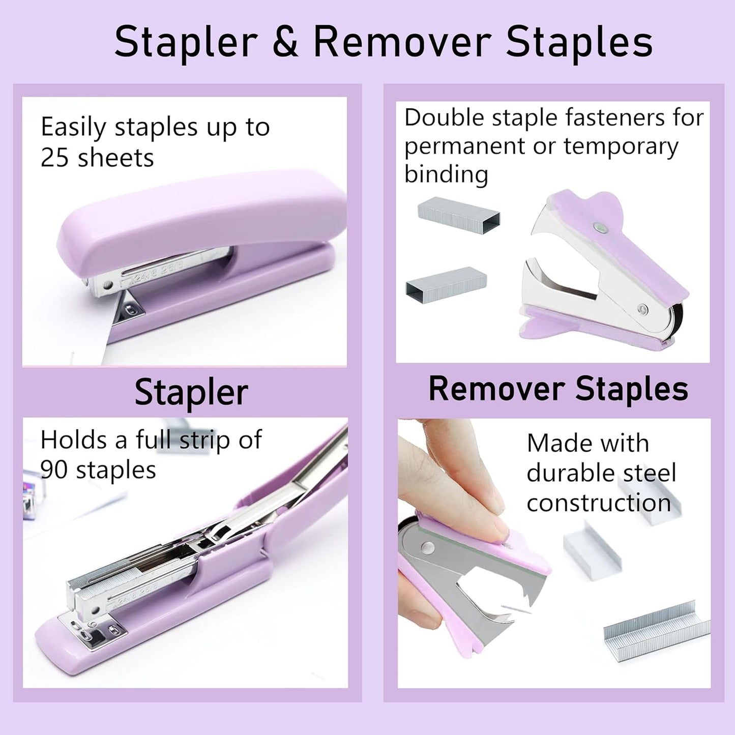 Purple Office Supplies, Purple Desk Accessories, Stapler, Staple Remover, Tape Holder, Pen Holder, Ballpoint Pen, Scissor, Binder Clips, Paper Clips and 1000pcs Staples.