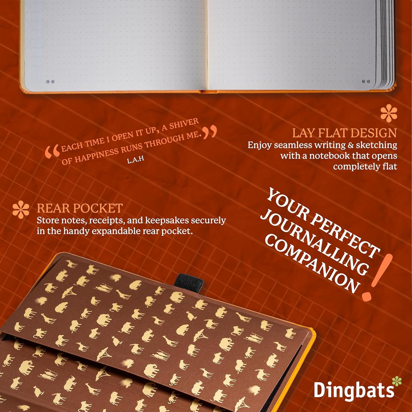 Dingbats* Earth Dotted Writing Journal Notebook A5 - Vegan Leather Hardcover - Ideal for Work, Travel - Pocket, Elastic Closure & Bookmark