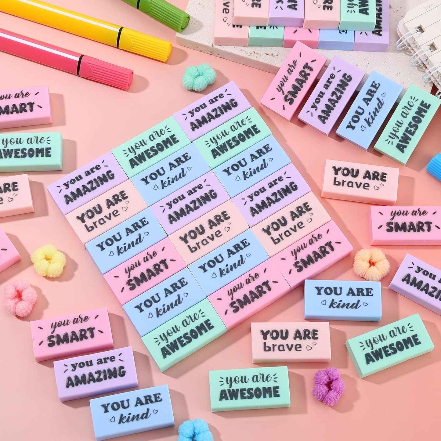 50 Pcs Inspirational Pencil Erasers Bulk Fun Motivational Eraser for Kids Students Teachers Back to School Office Supplies Prize Reward Graduation Gift