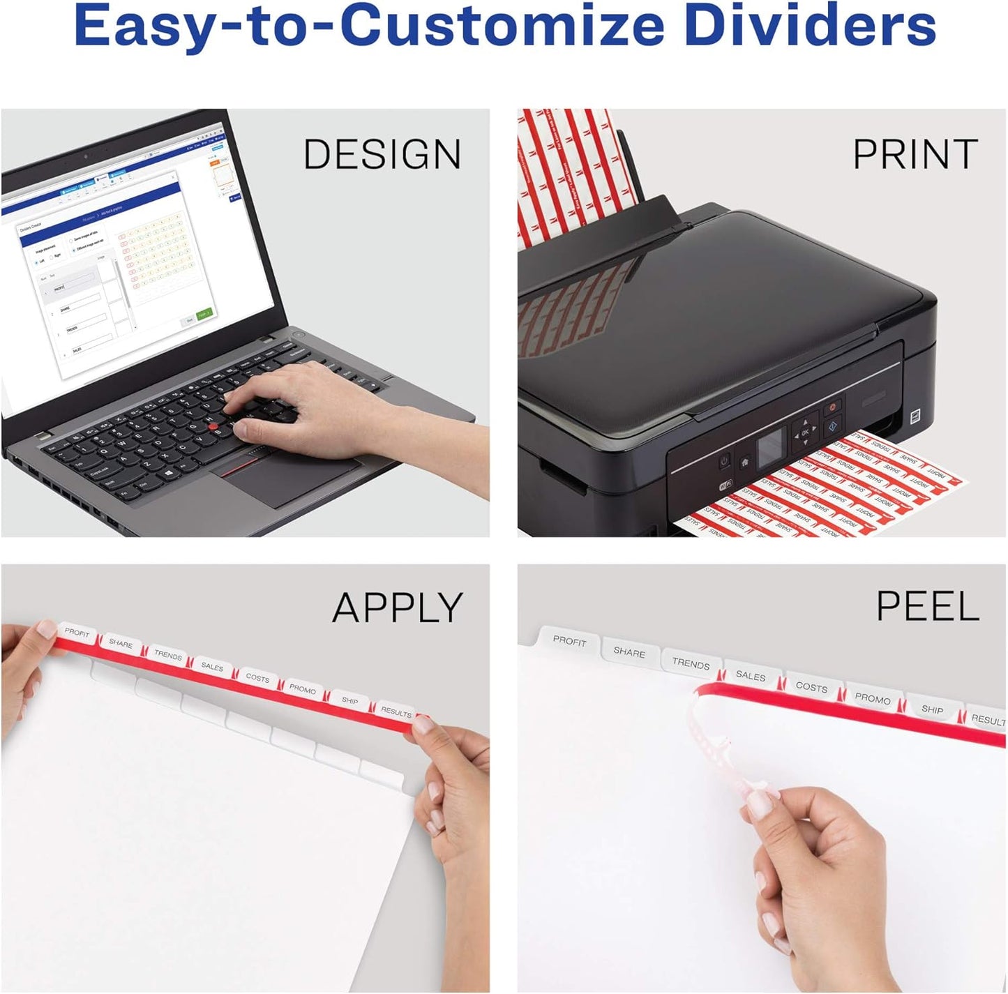 Avery 8 Tab Dividers for 3 Ring Binder, Easy Print & Apply Clear Label Strip, Index Maker Customizable White Tabs, 10-Pack of 5 Sets, 50 Sets Total (11437)