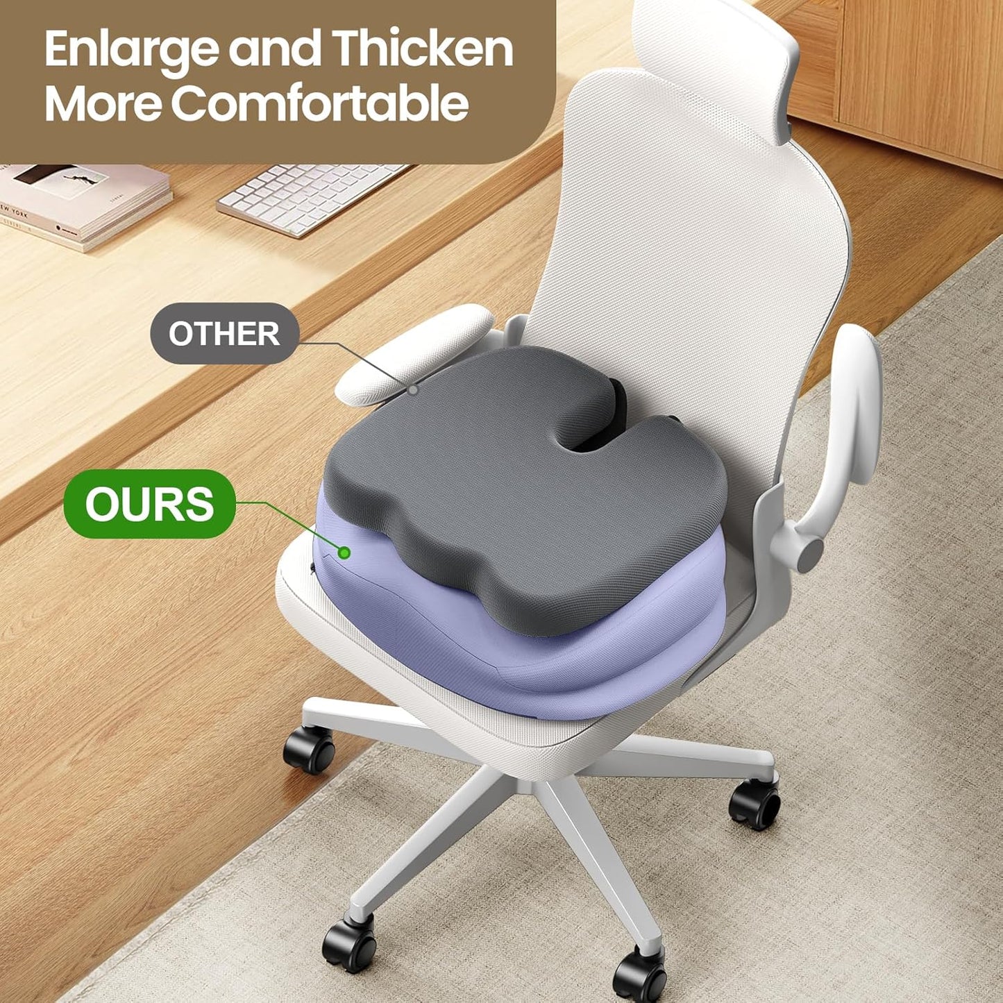 Benazcap Large Seat Cushion for Office Chair Memory Foam Coccyx Pain Relief Cushion Pillow for Back Support Non-Slip Seat Pad for Office Desk, Car Seat, Wheelchair, Sciatica-Blue