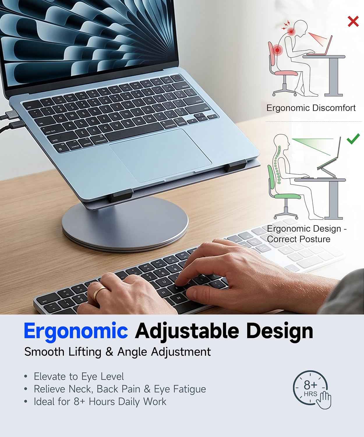 YICOSUN Adjustable Laptop Stand for Desk - 360° Rotating Ergonomic Riser with Aluminum Cooling Vents & Sturdy Construction for 10-16 Inch MacBook Pro/Air, Foldable Portable for Office & Home - Gray