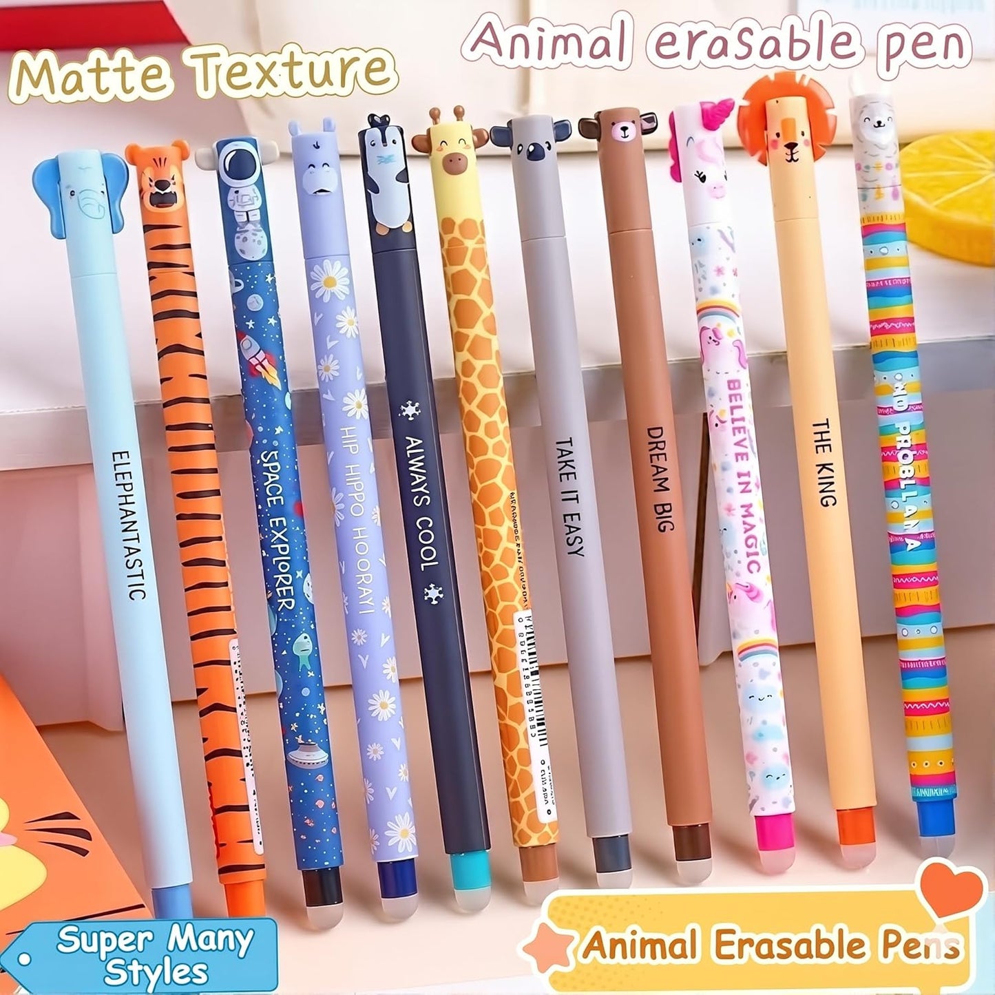 Pack of 14 Erasable Gel Pens with Animal Pattern, Heat Sensitive Ink, 0.7mm Tip, Assorted Colors, School and Office Supplies